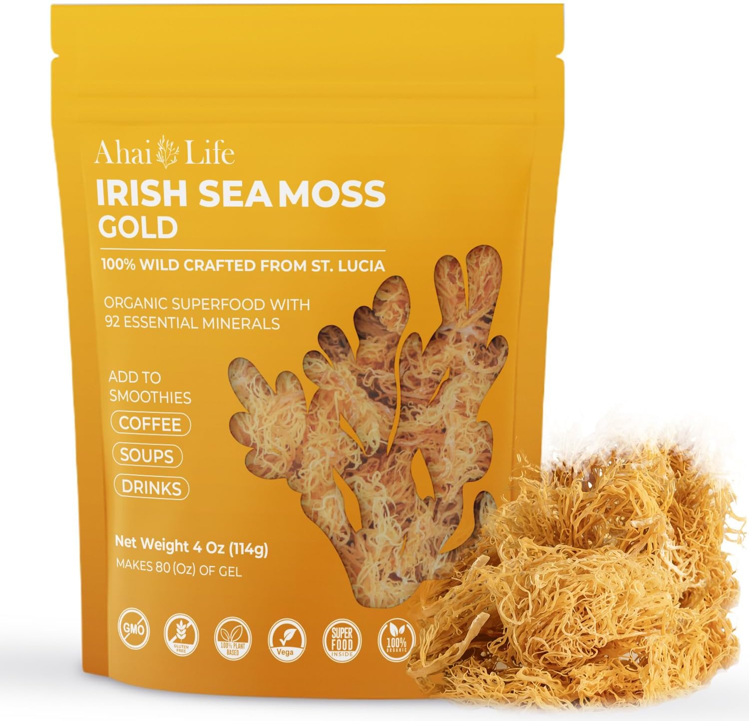 Gold Sea Moss Raw Organic| Makes 80oz of Gel - 100% Wild Crafted| Non-GMO Sun-Dried Mineral Rich Super Food for Energy| Booster Healthy, Immunity Digestion (4oz)