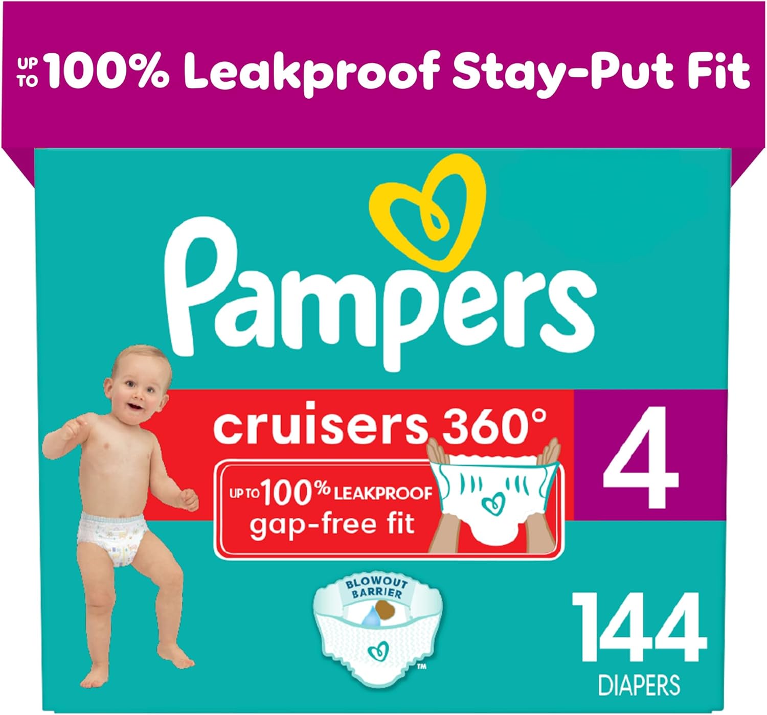 Pampers Cruisers 360 Diapers - Size 4, One Month Supply (144 Count), Pull-On Disposable Baby Diapers, Gap-Free Fit