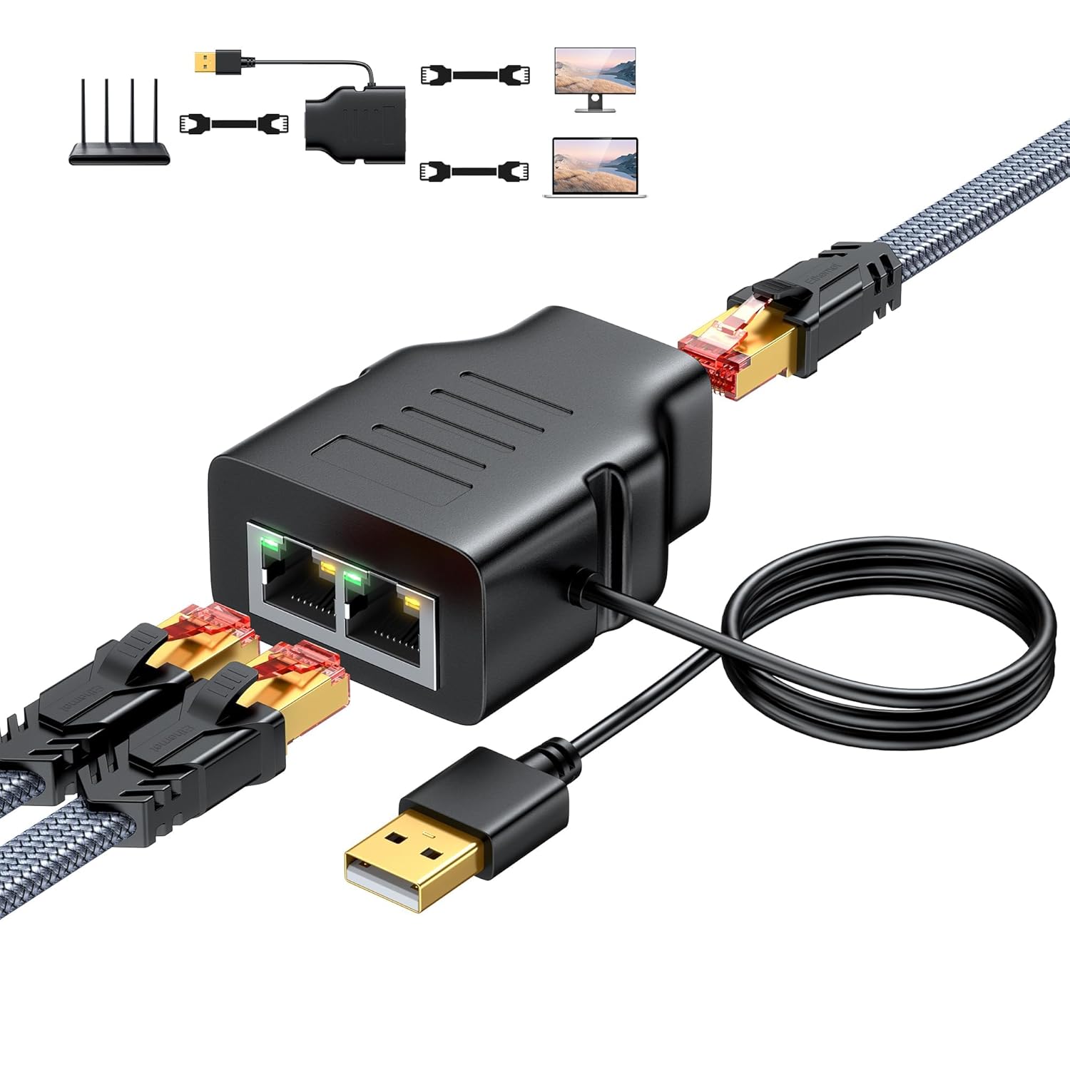 Snowkids RJ45 Splitter 1 to 2 Female to Female for Cat8/Cat7/Cat6, 100Mbps High Speed Ethernet Splitter[2 Devices Simultaneous Networking] Network Extender Adapter with USB Power Cable