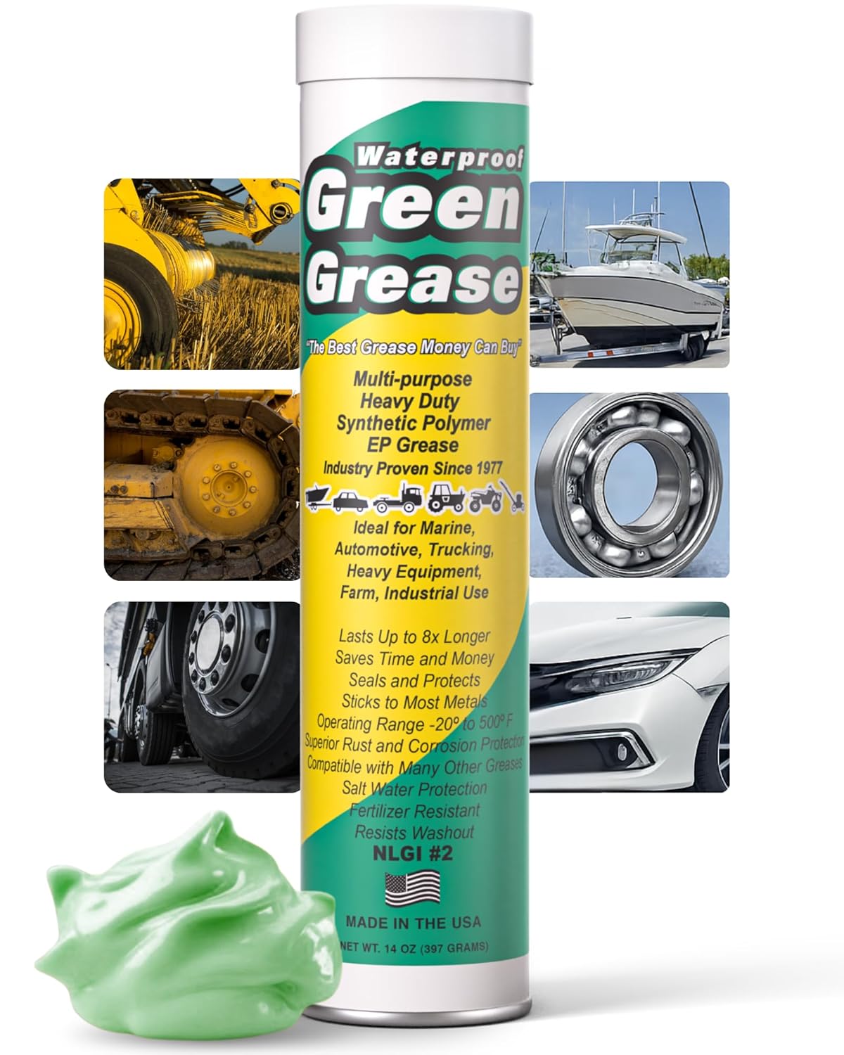 Ultra Heavy Duty Green Grease Tube (14oz - 1 Pack) - NLGI 2, High Temp, Waterproof Marine Grade, Rust Resistant Wheel Bearing Lubricant for Grease Gun - Marine, Auto, Farm & Home Use - American Made