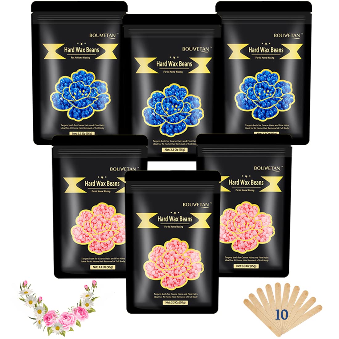 1.3Lb/21oz Wax Beads for Brazilian, Eyebrow, Face, Bikini, Legs, Arms Waxing - 6 Packs with 10 Wax Spatulas for Women and Men