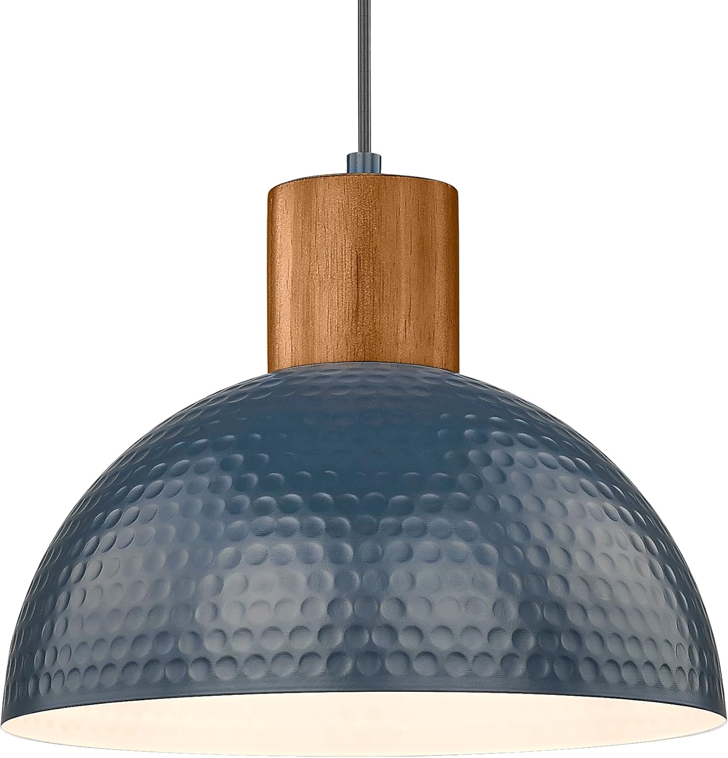 ELYONA Industrial Pendant Light 12" Hammered Metal Dome Hanging Lamp Solid Wood Pendant Light Fixtures for Kitchen Island, Farmhouse, Dining Room, Sink, Bedroom, Hallway, Modern Blue