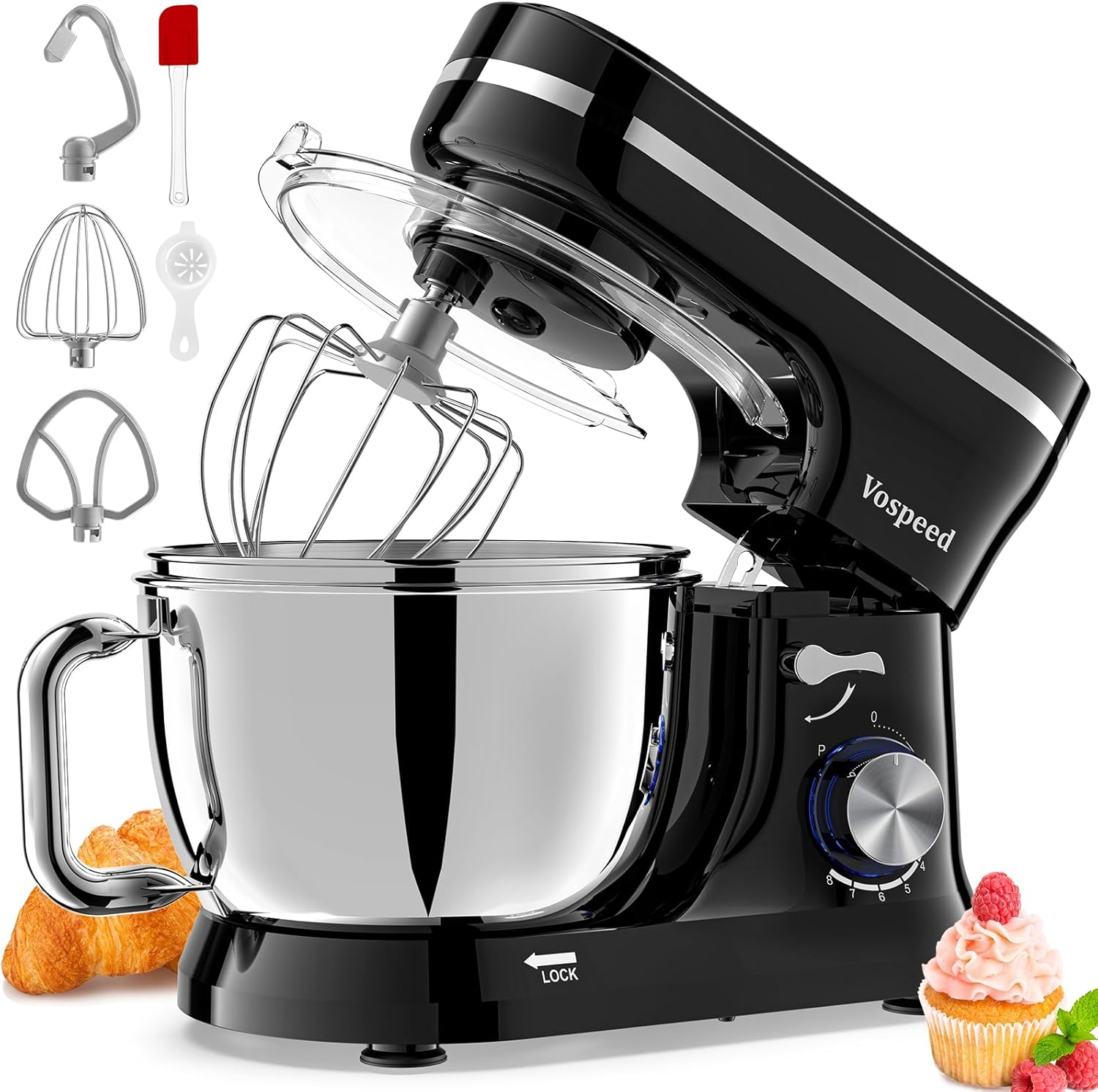 Vospeed Stand Mixer, 4.5L+5L Bowls 8-speed 1000W Tilt-Head Food Mixer, Kitchen Electric Mixer with Dough Hook, Whisk, Beater, Splash Guard (Black)