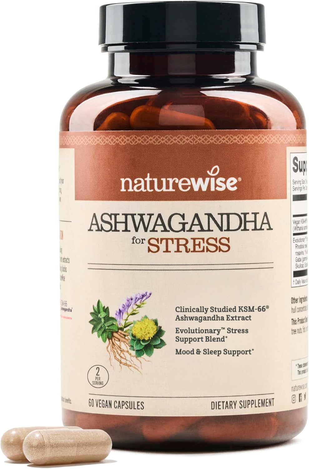 NatureWise Ashwagandha for Stress - With KSM-66 Extract, GABA, L-Theanine, Rhodiola Rosea - Herbal Mood & Sleep Support - Vegan, Non-GMO, Gluten-Free - 60 Capsules[1-Month Supply]