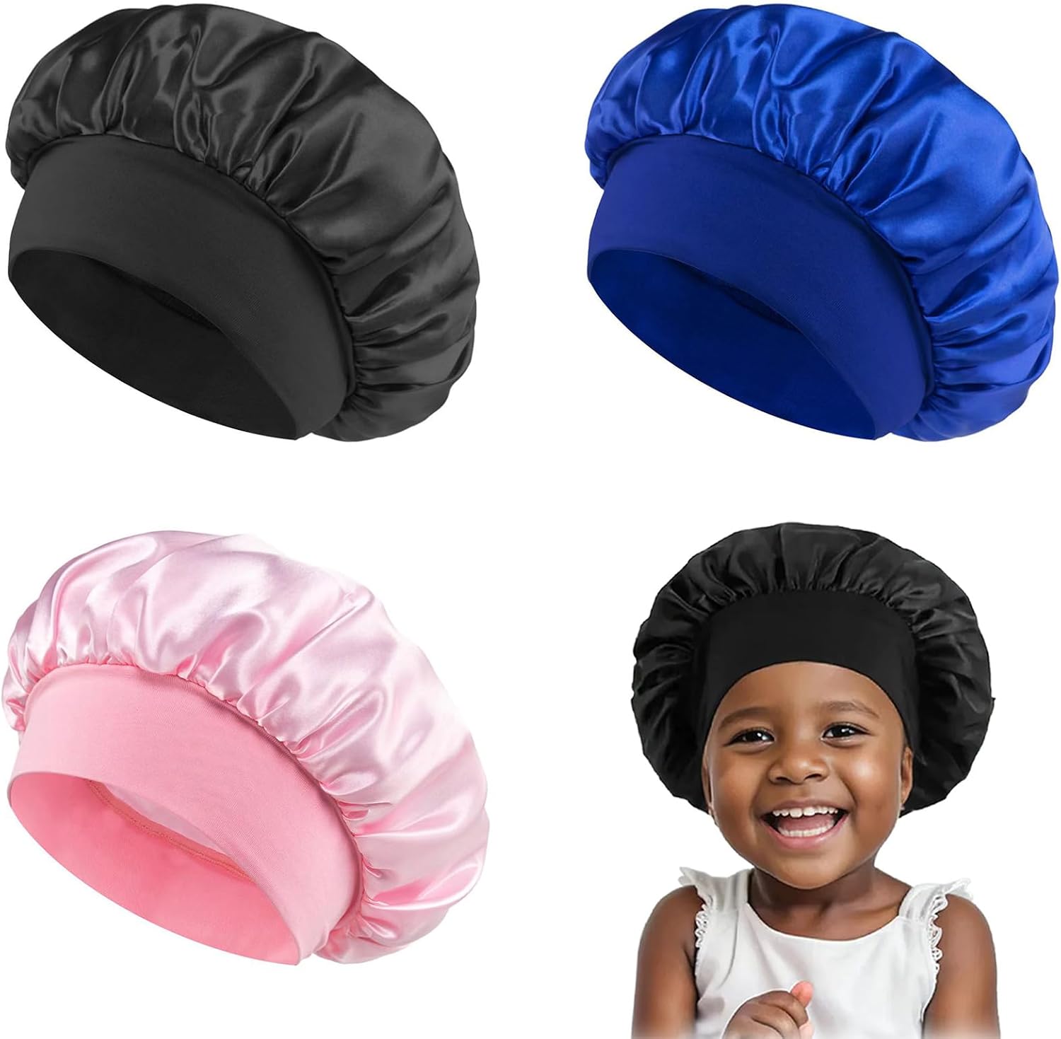 3 Pcs Kids Silk Bonnet for Sleeping,Elastic Child Satin Hair Bonnet for Sleeping,Soft Sleep Bonnets for Kids Girls Boys,Baby Bonnets,Silk Sleep Caps for Teens Toddler Children(Black+Blue+Pink)