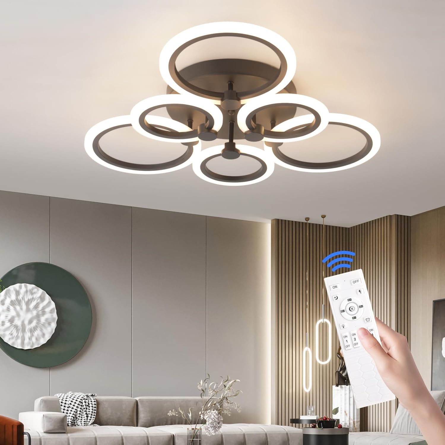 Hudi Fyier Modern LED Ceiling Light,6 Rings Flush Mount Ceiling Light Fixture, Dimmable 3000K-6500K Black Close to Ceiling Light with Remote for Living Room,Bedroom,Dining Room,Office