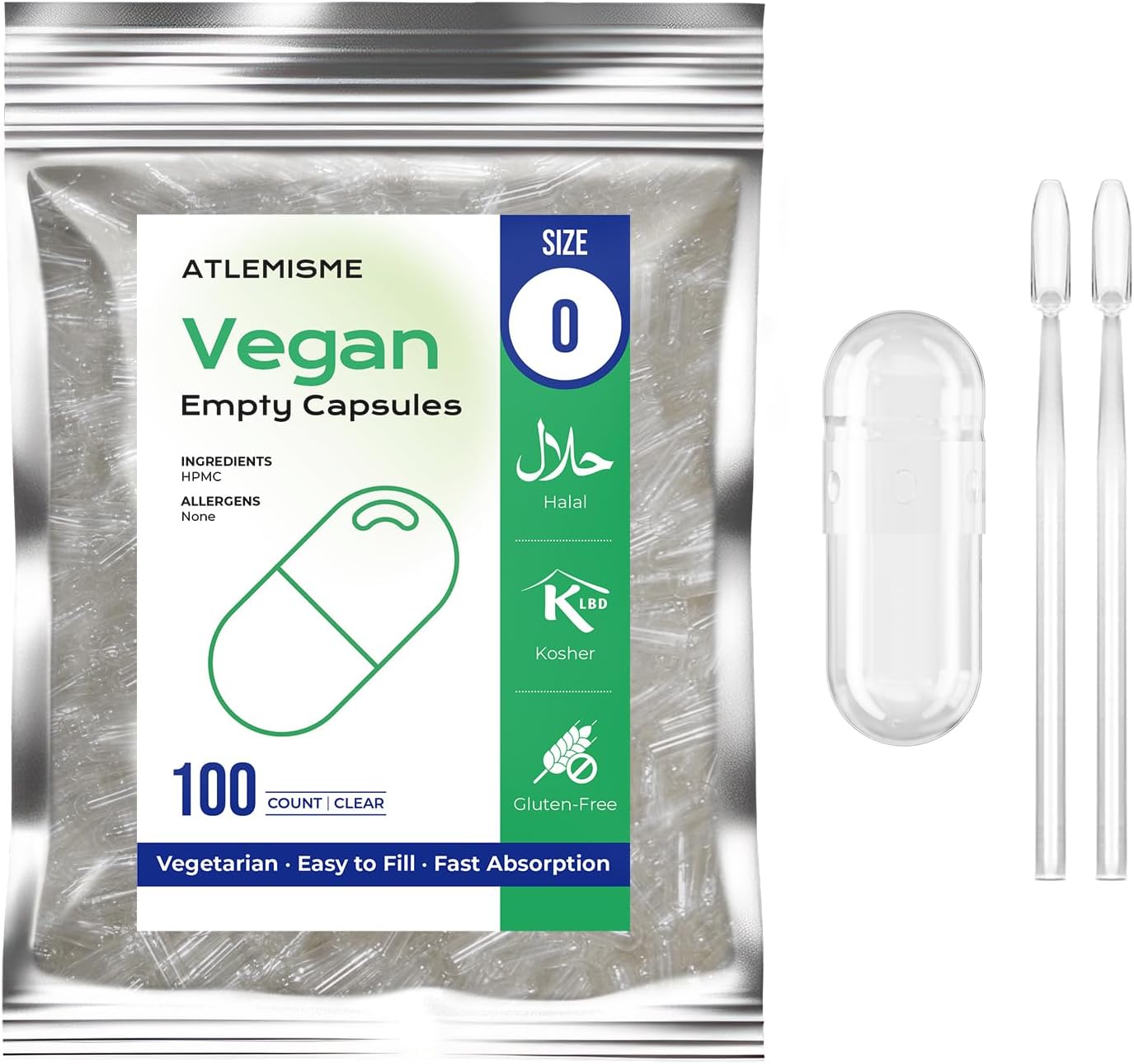 Empty Capsules Size 0 100 Count,Clear Empty Vegan Capsules Kosher,Halal and Non GMO Certified for DIY Supplements.Hypoallergenic Veggie Capsule Empty with 2 Spoons,Adapted to The Capsule Filler