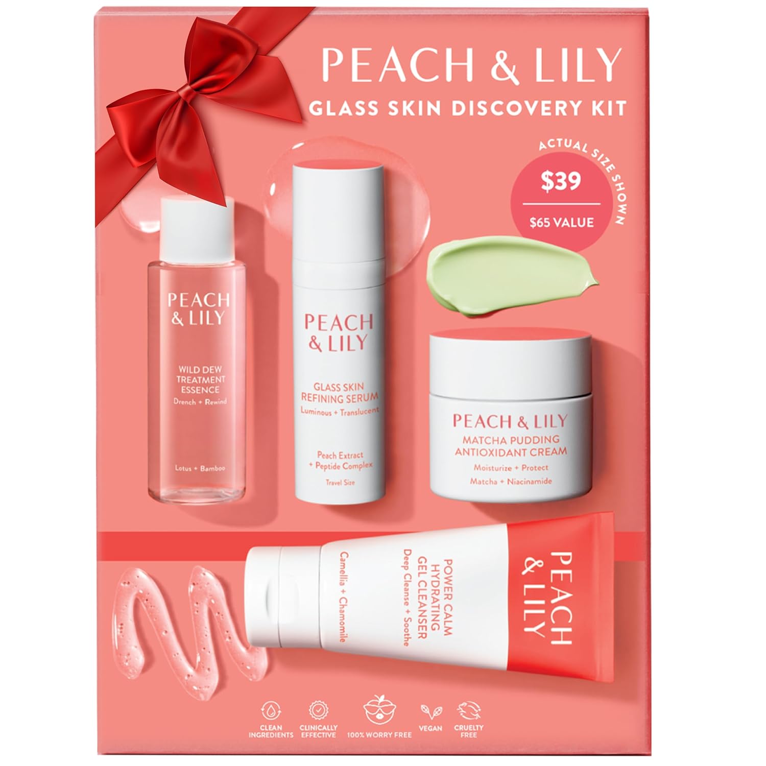 Peach & Lily - Glass Skin Discovery Kit (4 Products) - Cleanser, Essence, Serum, & Cream - Facial Skincare Set - Acne Routine - Trial & Travel Size - Vegan, Gluten Free, & Cruelty Free - Korean Beauty
