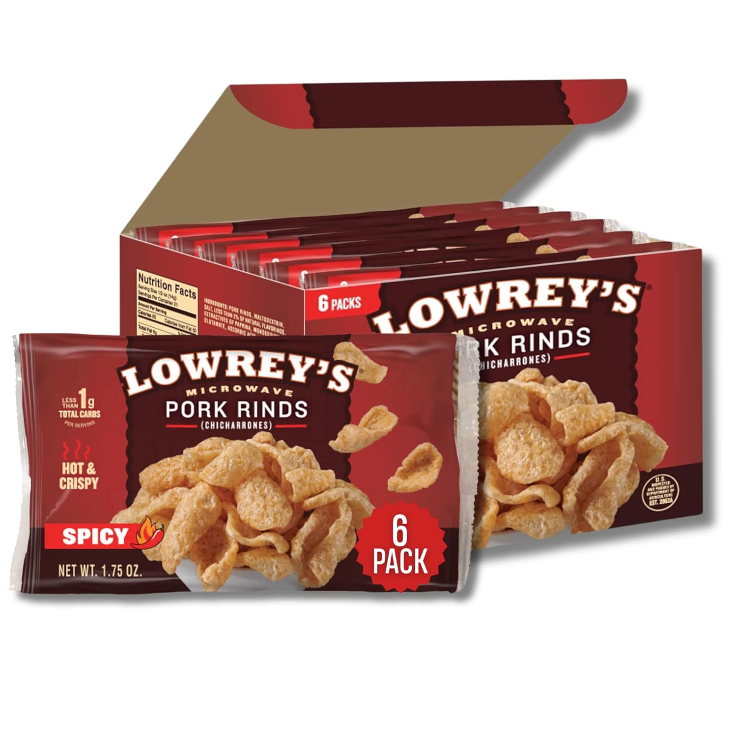 Lowrey's Bacon Curls Microwave Pork Rinds (Chicharrones), Hot and Spicy, 1.75 Ounce (Pack of 6) (Packaging May Vary)