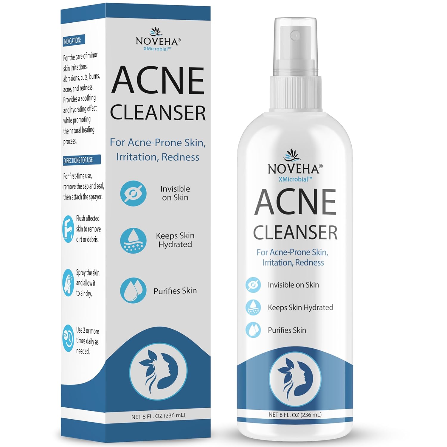 NOVEHA Facial Cleanser For Acne - Hypochlorous Acid Spray - Irritation, Redness & Breakouts Relief - Ideal for Active Teenage & Adult Athletes Post-Workout - Safe for Multiple Daily Uses - 8 oz