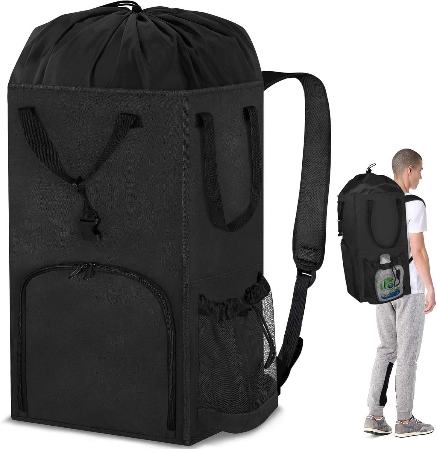 110L Backpack Laundry Bag, Laundry Backpack Heavy Duty with Shoulder Straps, Collapsible and Mesh Pocket Dorm Laundry Basket Hamper Bag for College, Travel, Laundromat, Apartment Black