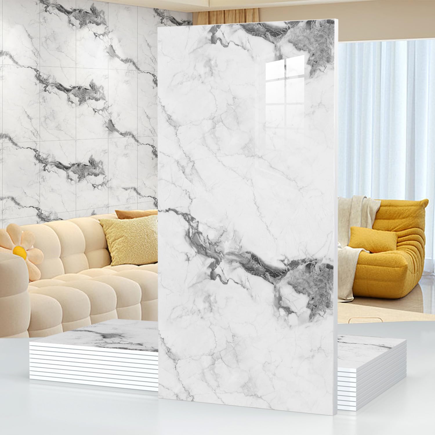 10pcs Marble Peel and Stick Waterproof Wall Panels,Heat-Resistant Backsplash Tile, 23.6"x11.8" PVC Foam Wall Sticker for Kitchen,Living Rooms,Bedrooms TV Walls,Grey White (Not Real Tile 19.4 Sq. Ft.)