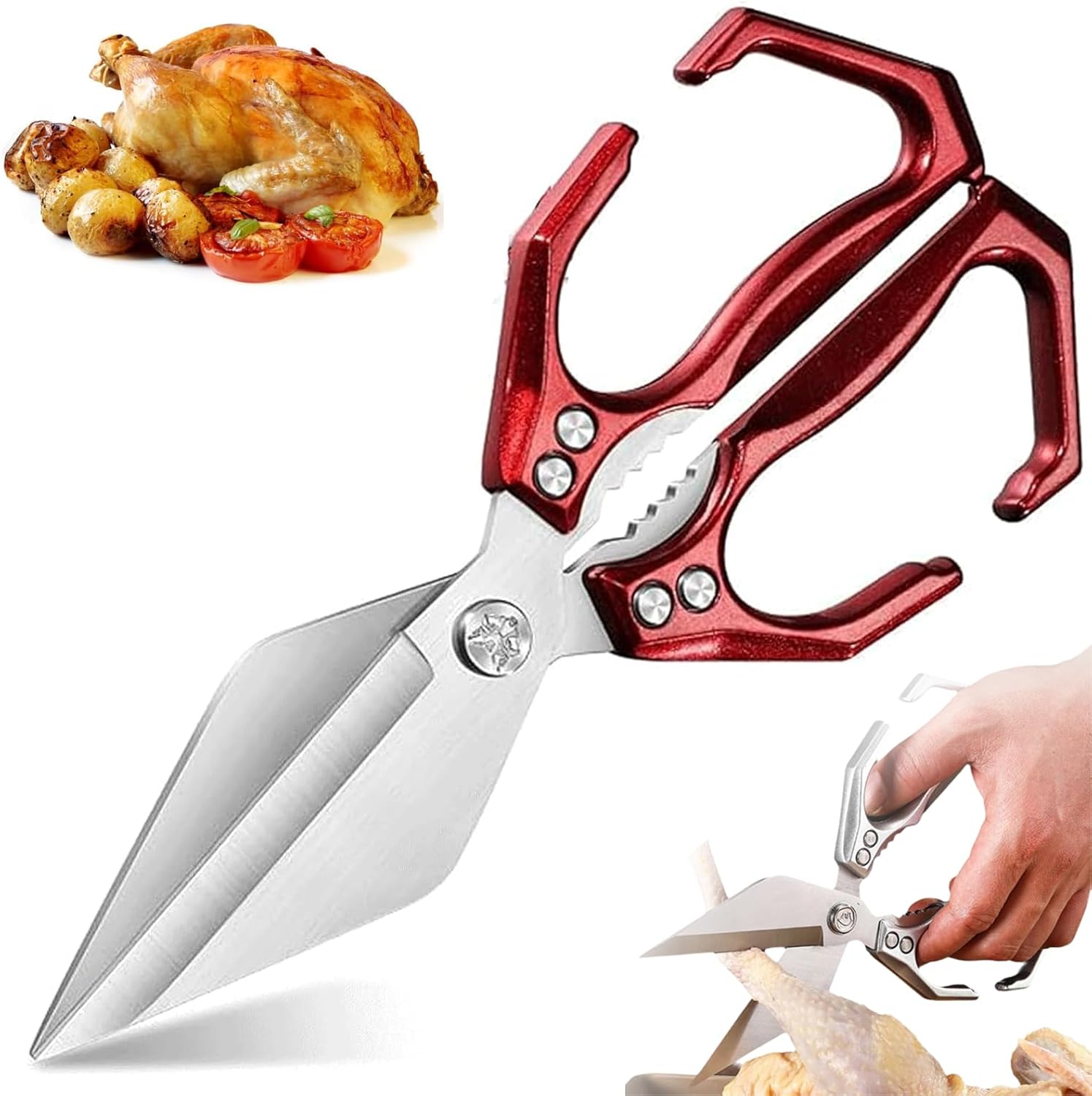 Seattleget Multifunctional Heavy-Duty Kitchen Shears, Poultry Shears with Ergonomic Handle, Japanese High-Carbon Steel Kitchen Scissors, Ultra Sharp, for Chicken, Meat, Seafood, Bone Cutting (Red)
