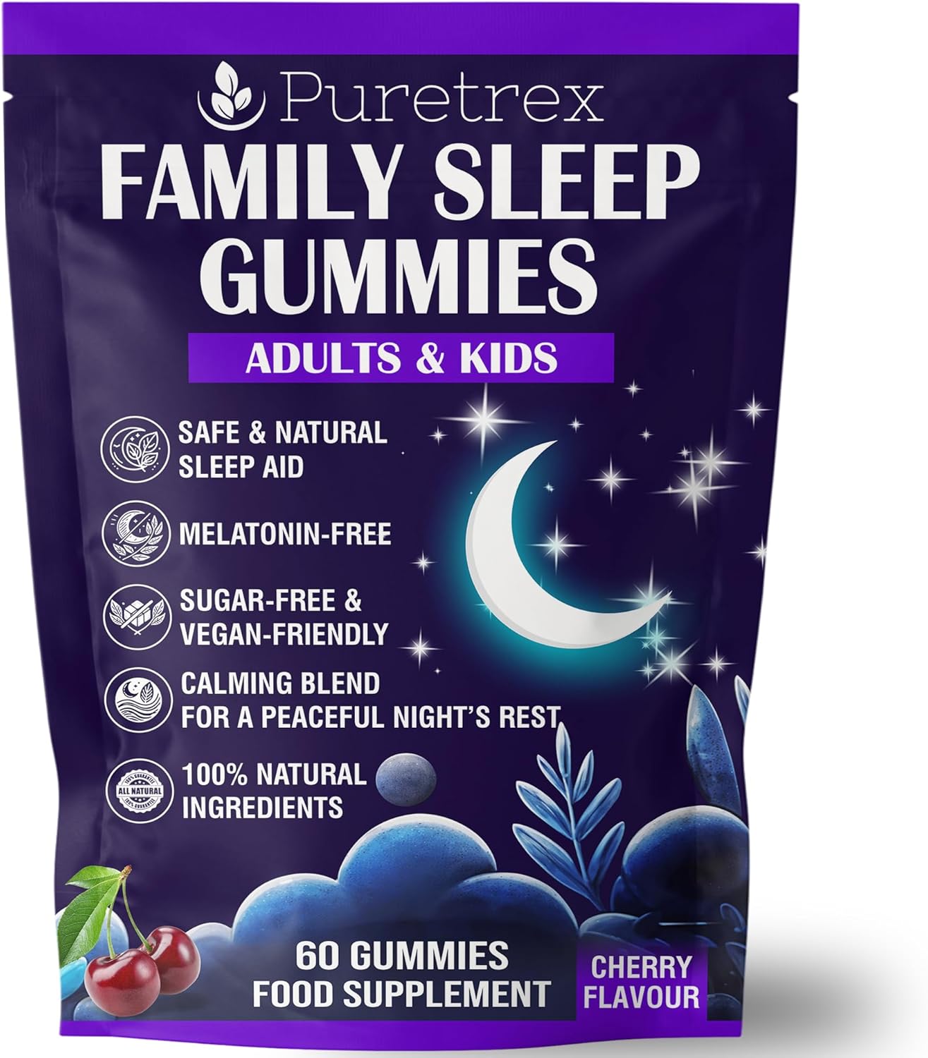 Family Sleep Natural Sleep Aid for Adults & Kids with Herbal Blend, Sugar-Free Vegan Melatonin-Free Calming Cherry Flavour Gummies, 60 Gummies