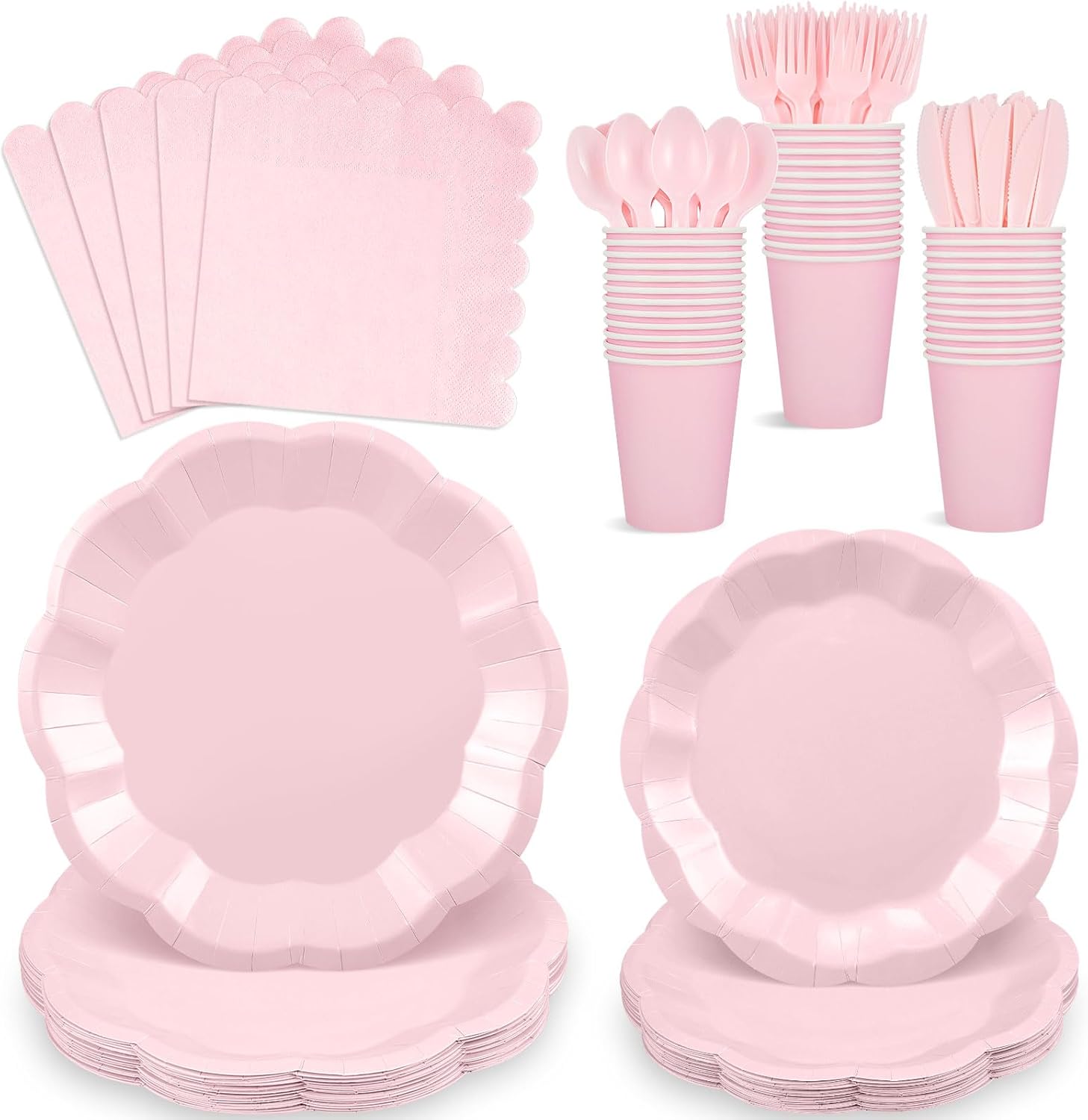 175 Pcs Light Pink Plates and Napkins Set, 25 Guest Pink Party Supplies Include Scalloped Plate Napkin Cup Forks Knives Disposable Plastic Cutlery for Wedding Baby Shower Birthday Party