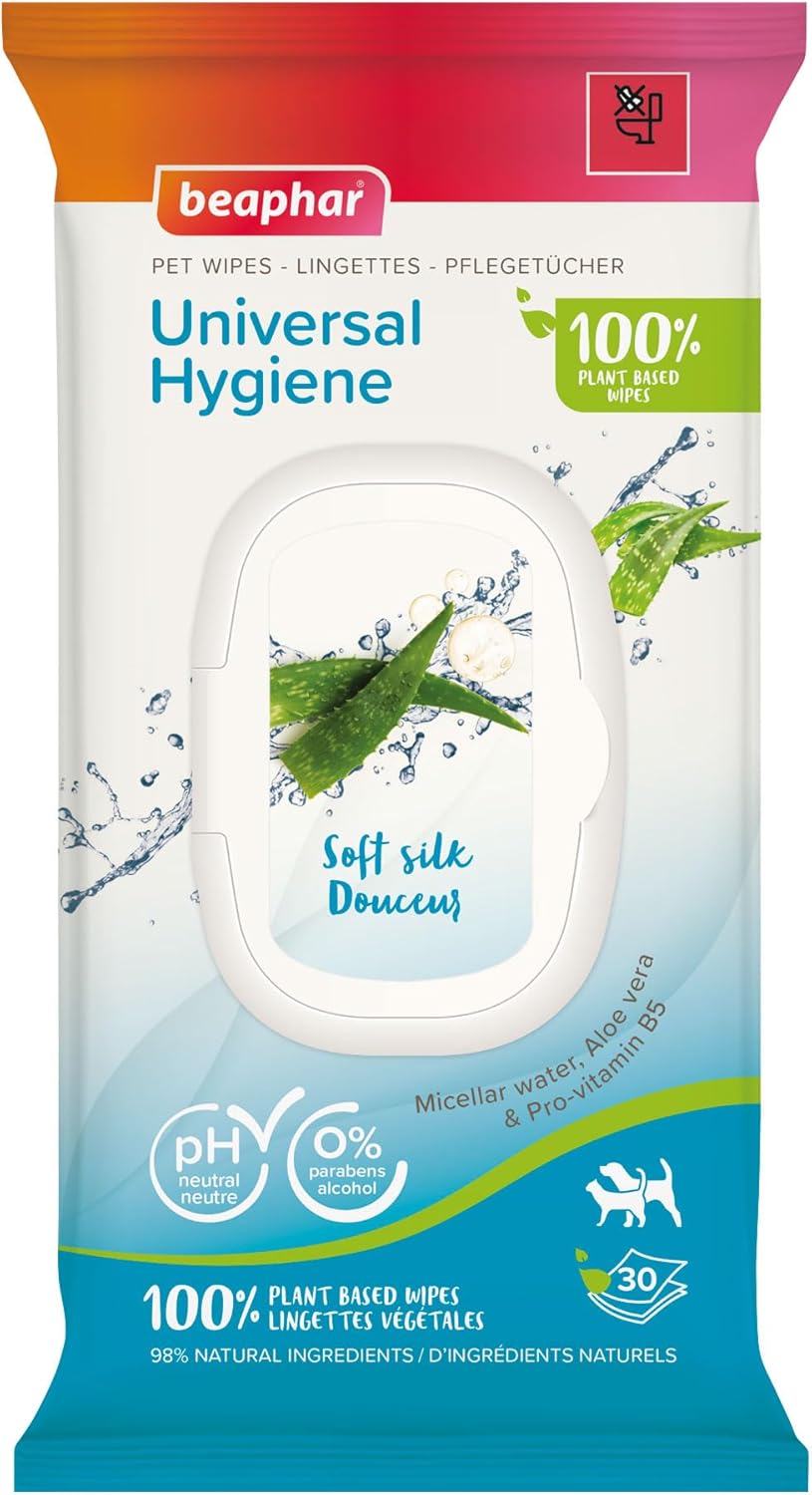 Beaphar - Pet Wipes - Universal Pet Hygiene Wipes for Cats & Dogs – Cleans & refreshes skin and coat - 100% Plant-Based, Biodegradable Wipes – With Micellar water & Aloe vera – 30 Wipes – pH neutral