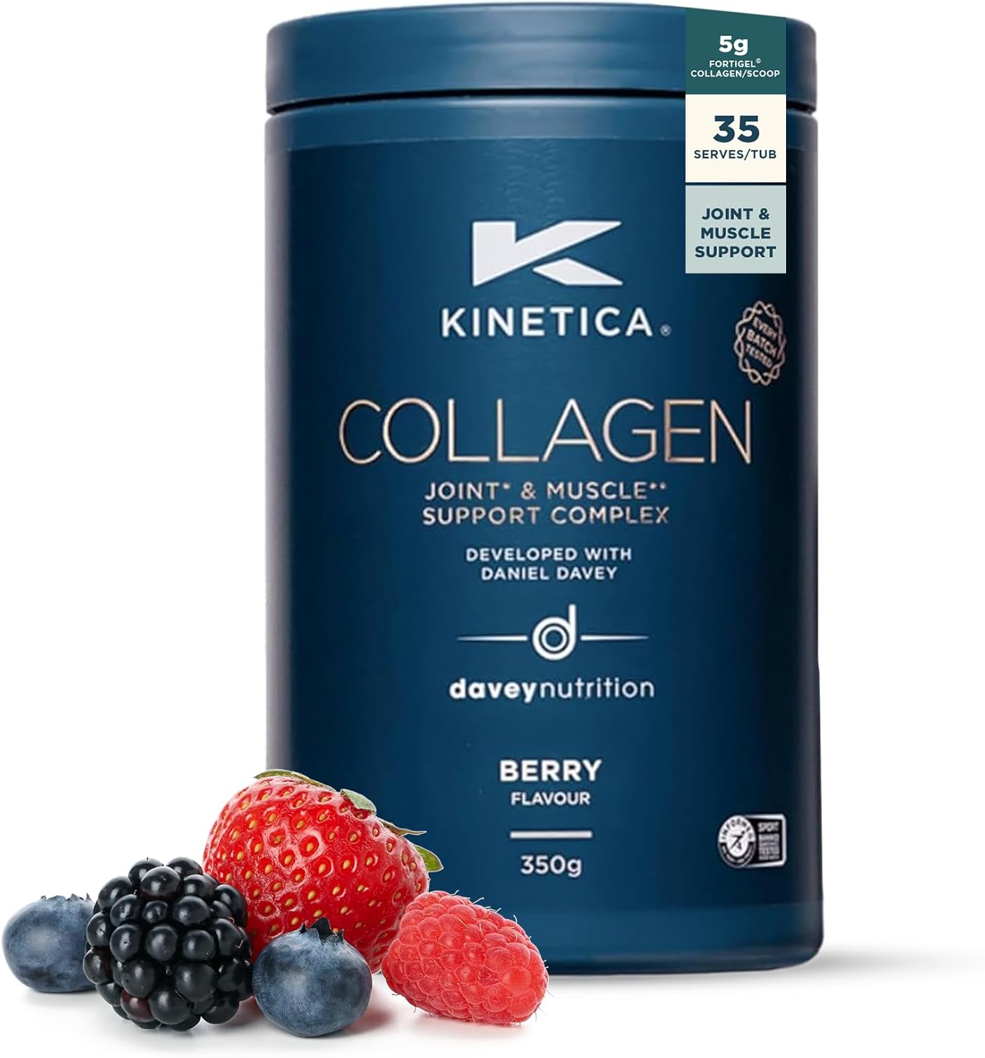 Kinetica Sports Collagen Powder - Berry Flavour | 350g | 5g FORTIGEL Bovine Collagen/Serve, 320mg Vitamin C, 5μg Vitamin D, 100mg Hyaluronic Acid & 500mg Glucosamine Sulphate | Joint & Muscle Support