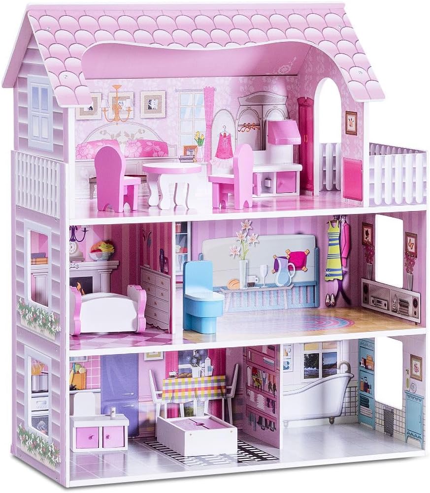 COSTWAY Wooden Dolls House, Large 3-Storey Dollhouse with Furniture and Accessories, Pretend Playset Gift for Children