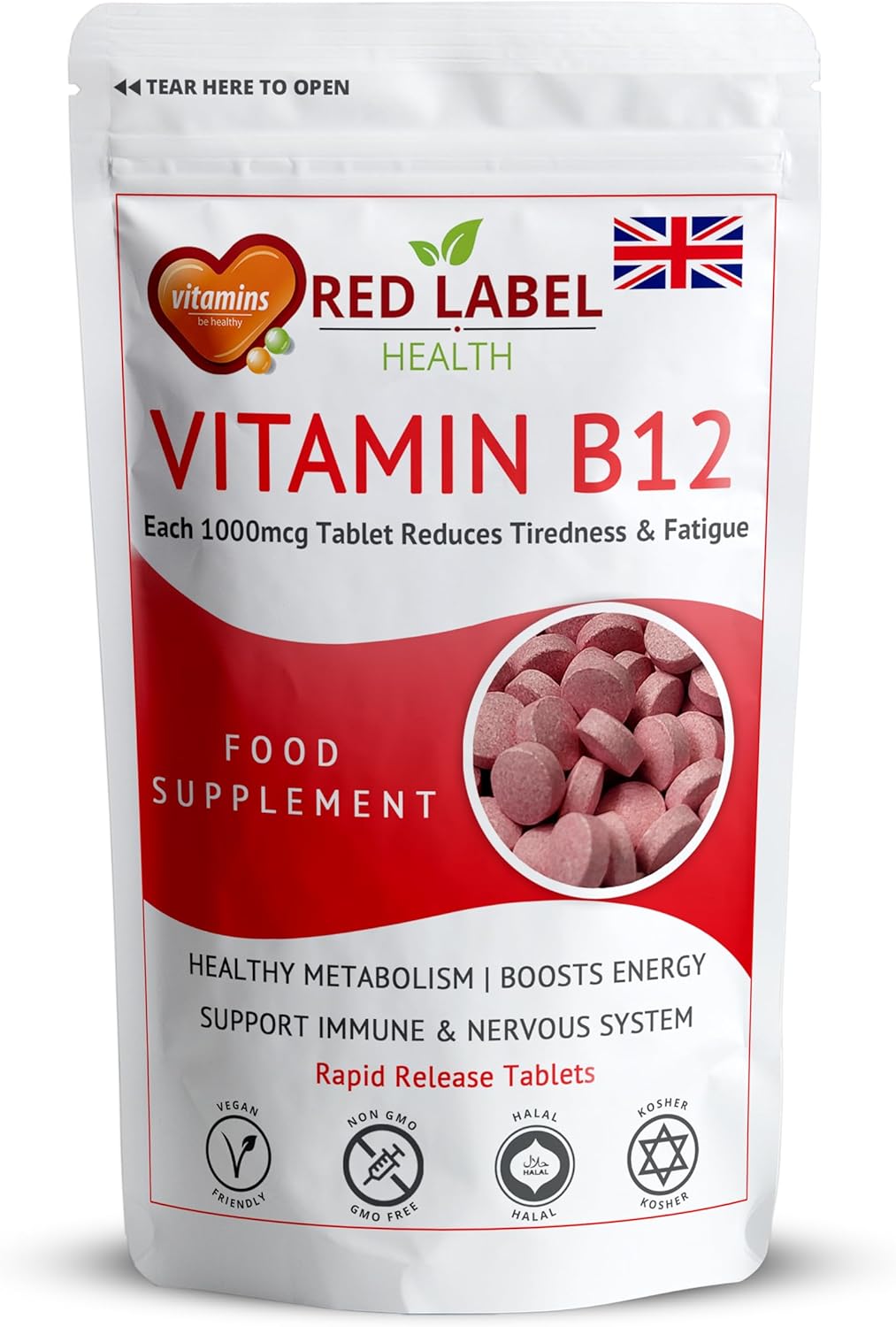 Red Label Health Vitamin B12 Tablets High Strength 1000mcg for Men & Women, Pack of 360 Tablets (1 Year Supply), Methylcobalamin B12 Vitamin for Tiredness and Fatigue, Vegetarian, Vegan