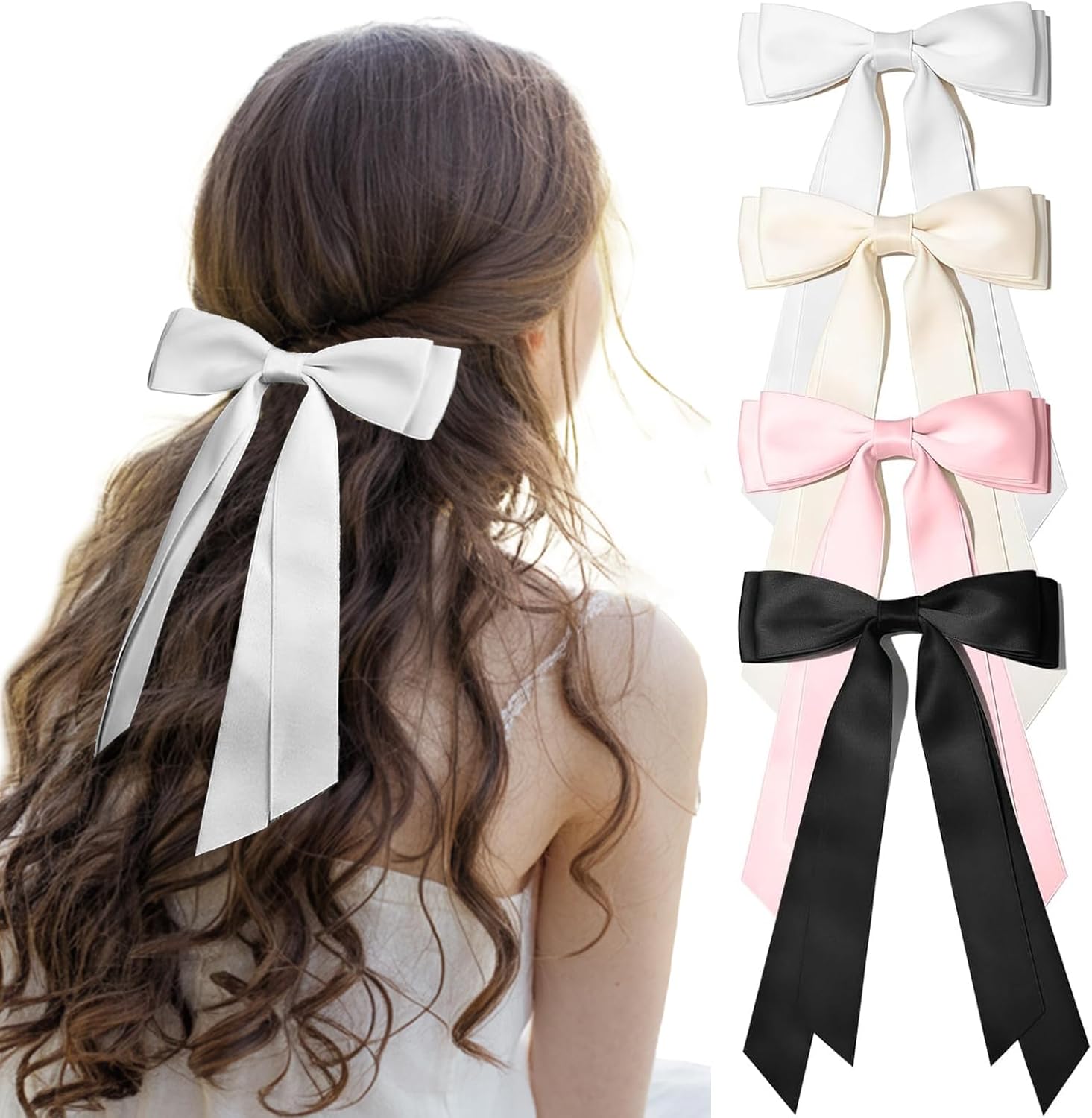 4PCS Hair Bows for Women - Bows for Hair Black Hair Ribbons for girls (Beige/White/Pink/Black)