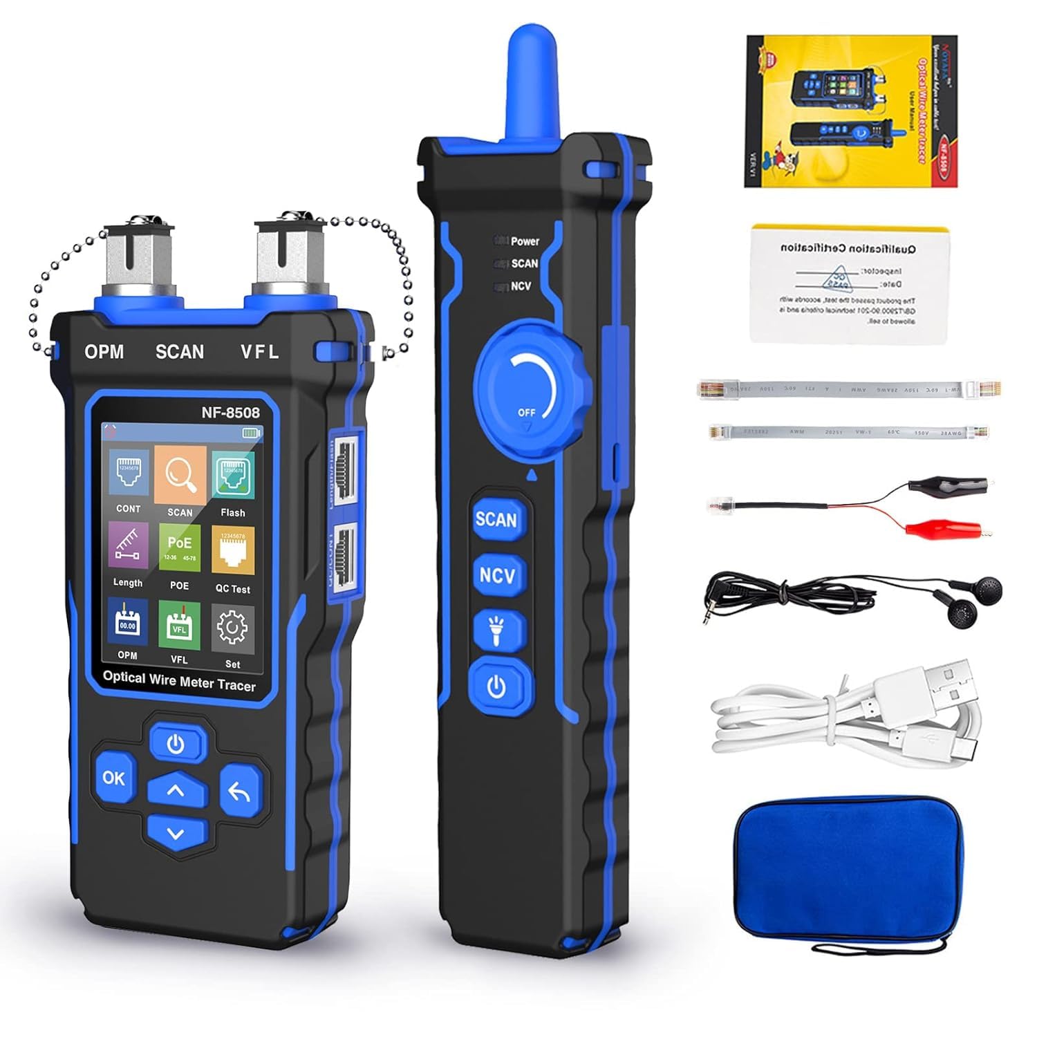NOYAFA NF-8508 Network Cable Tester with Optical Power Meter, CAT5 CAT6 Cable Toner Ethernet Cable Tester, RJ45 Network Tester, VFL PoE QC Test Wire Tracer Port Flashing 200M Length Test
