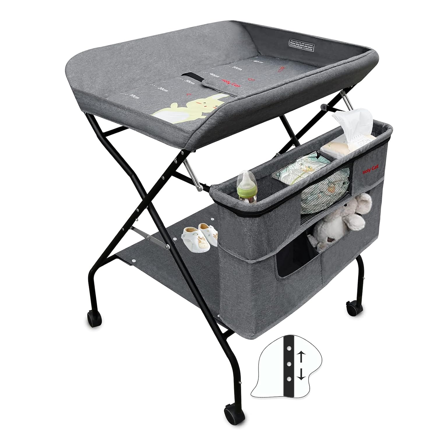 Holy Cat Baby Portable Changing Table with Wheels Adjustable Height Folding Infant Diaper Station Mobile Nursery Stand with Newborn Lightweight Large Storage Rack - Grey