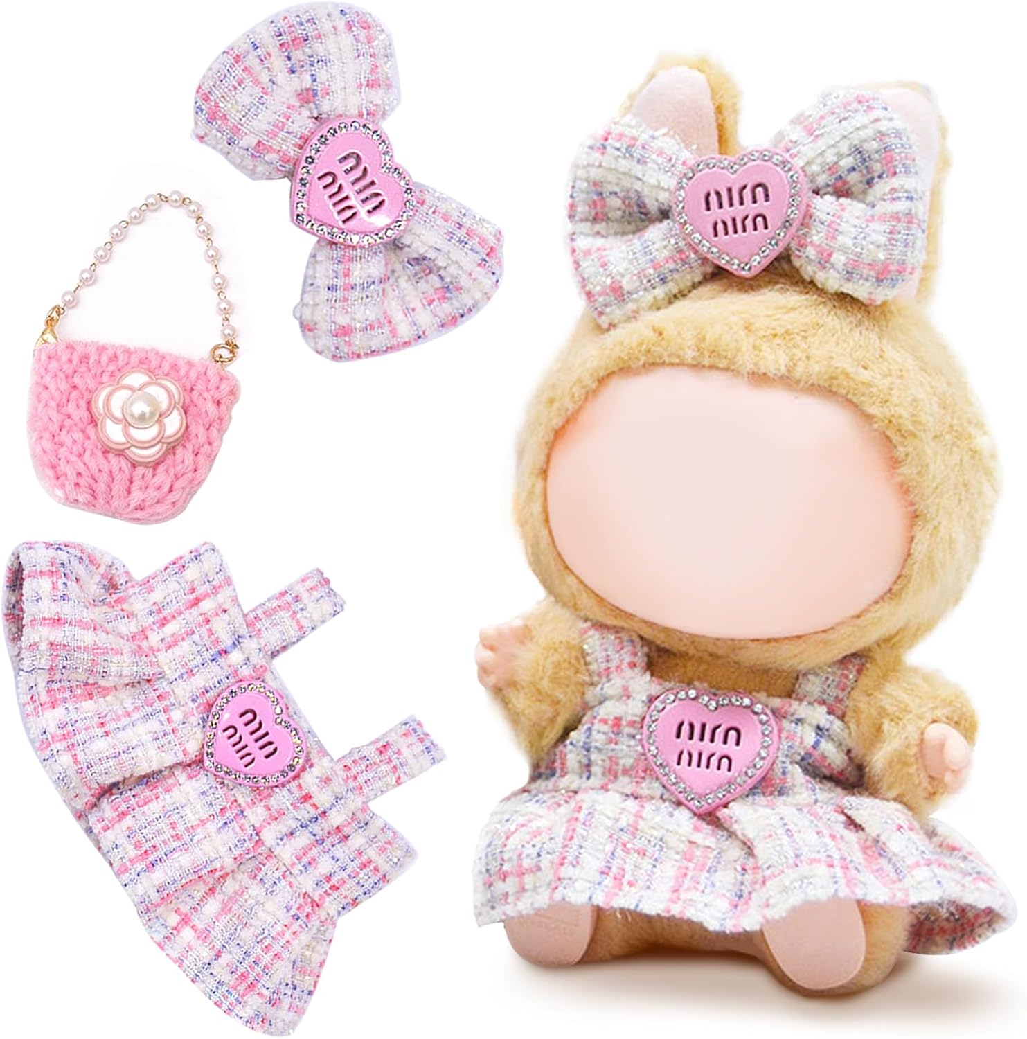 3 Pcs Doll Clothes Compatible with La/bu/bu 17cm Dolls, Light Pink Set Include,Pink Doll Outfit Accessories Sets Include 1 Halter Dress 1 Bow Hair Clip 1 Handbag for Dolls Premium Outfit(No Doll)