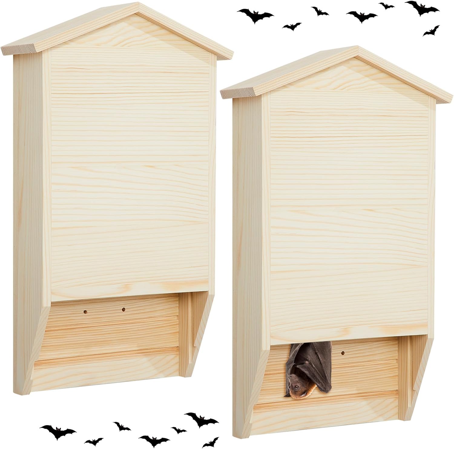 Wenqik 2 Pack Bat House for Outdoor Large Cedar Wood Bat Box for Outside Tree Weatherproof Wooden Shelter Easy to Land and Roost(Wood Color,15.7 x 10.6 x 3.1 in,2 Chamber)