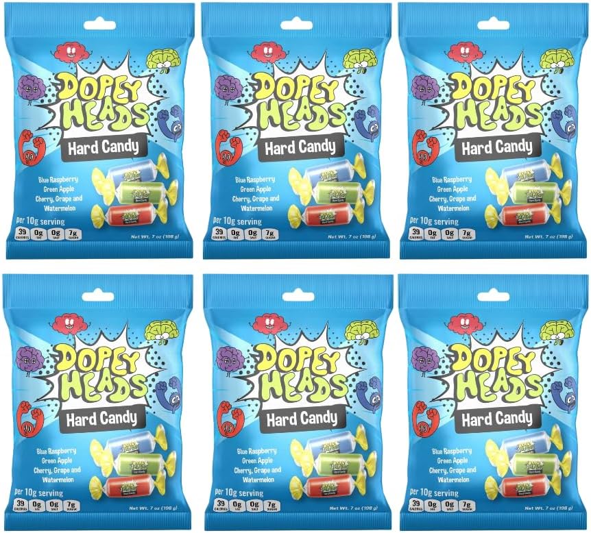 Dopey Heads | Hard Candy | HALAL | Assorted Hard Candy | Five Flavours | Blue Raspberry | Apple | Cherry | Grape | Watermelon | Pack of 6 | Weight 198g (7 oz) Each (Assorted Hard Candy)