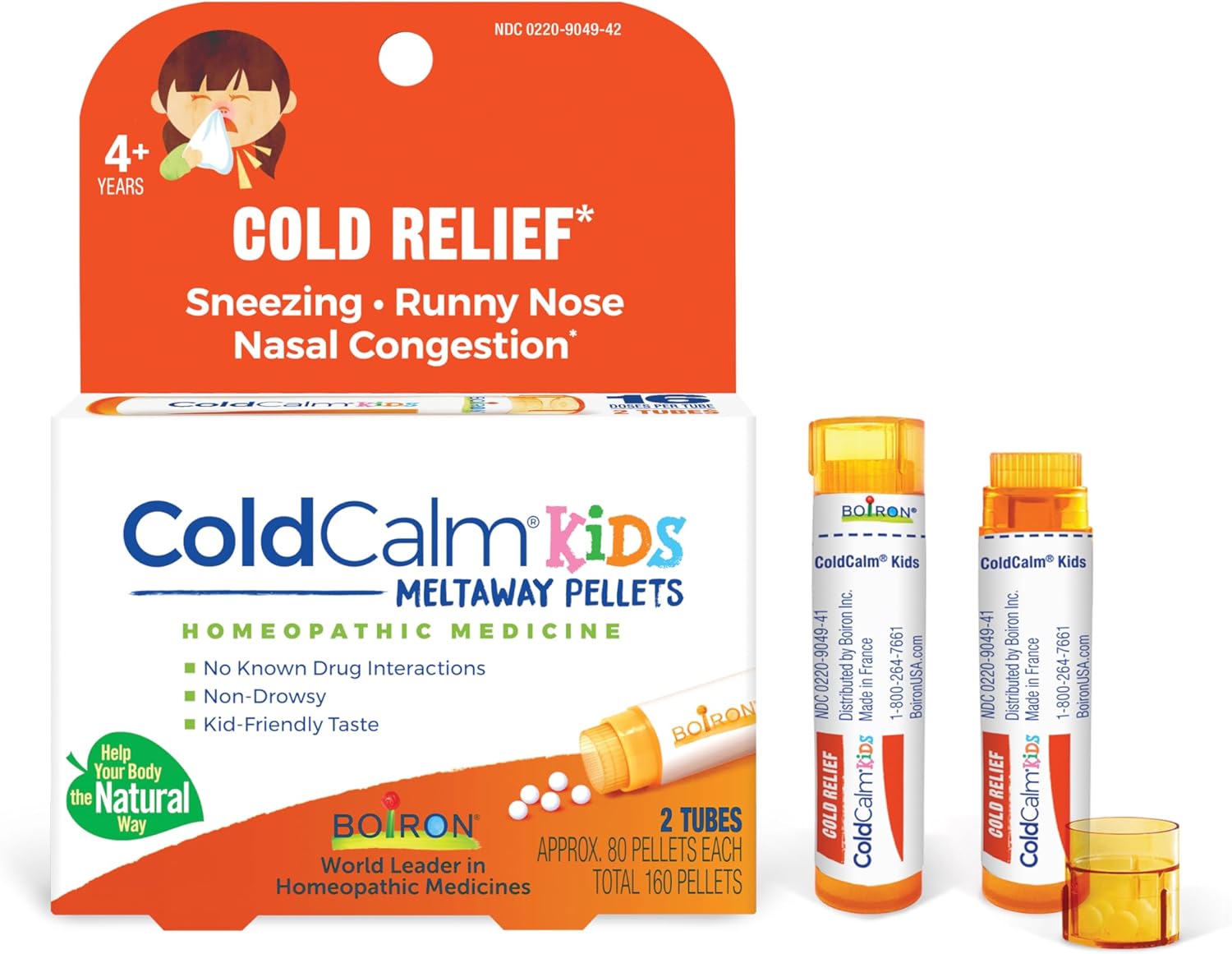 Boiron ColdCalm Kids Pellets for Relief of Common Cold Symptoms Such as Sneezing, Runny Nose, Sore Throat, and Nasal Congestion - 2 Count (160 Pellets)