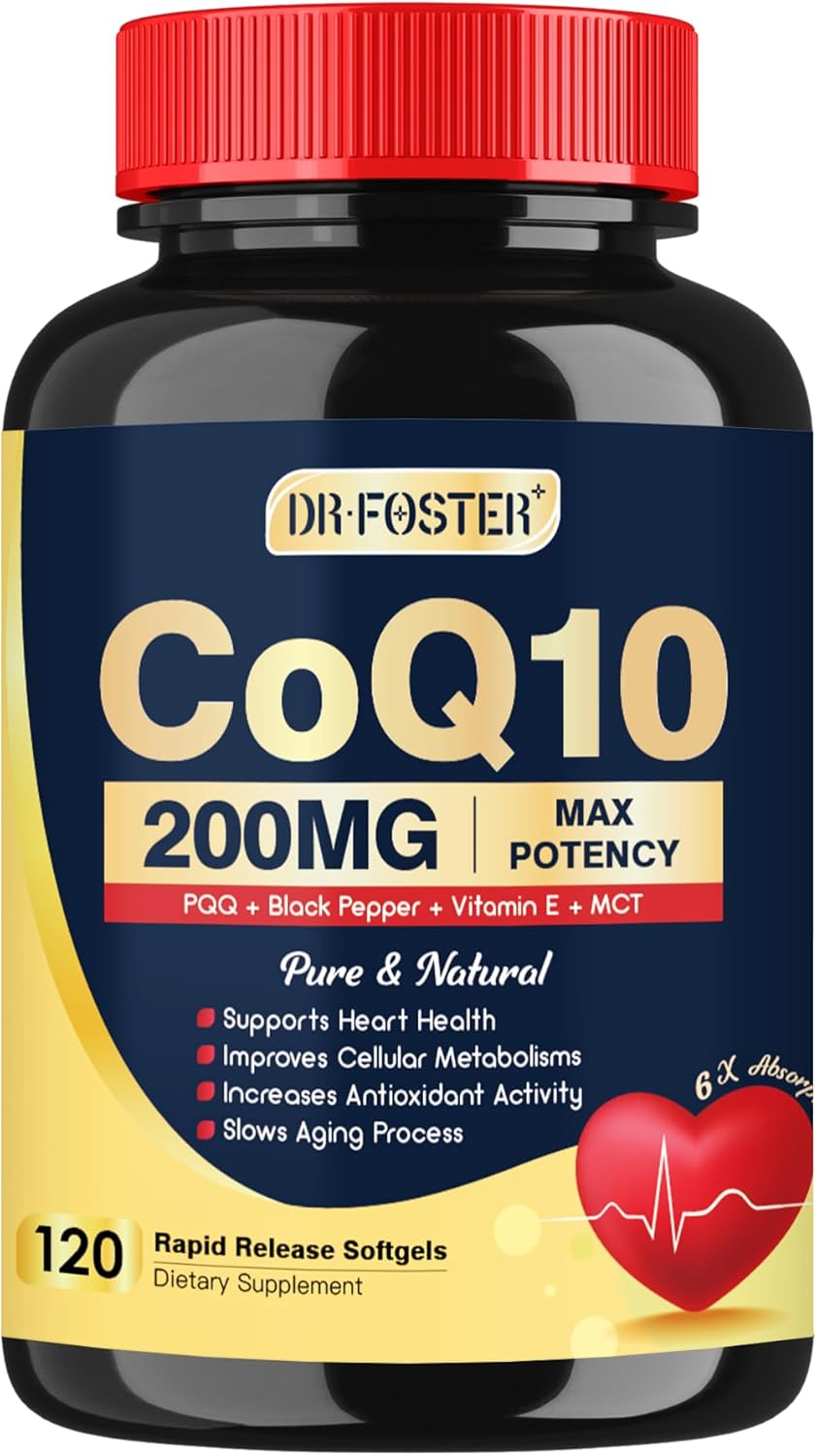 Coq10 200mg Upgraded, 6X High Absorption with Vitamin E & PQQ & Black Pepper Extract, Co q 10 Supplement for Heart Supports & Energy Production, Coenzyme Q10, 120 Servings