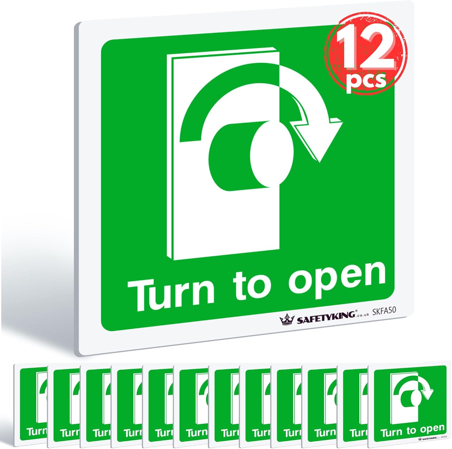 Turn to Open - Right Sign 12pcs – 100mm x 100mm - Thumb Turn Self Adhesive, Waterproof, Vinyl Stickers For Fire Exit Doors, Thumb Turn Fire Exit Sticker, Turn to Open Safety Label, by Print Kings UK