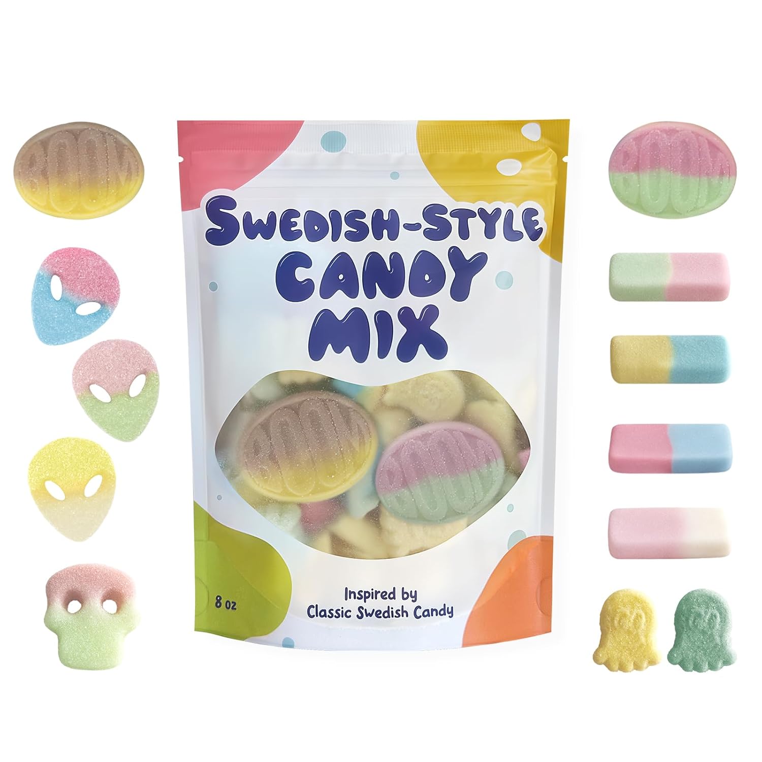 Swedish Candy Mix - Classic Swedish Style Gummy Candy Assortment Soft & Chewy Sugar Coated Gummies Assorted Shapes & Flavors, 8 oz Resealable Bag