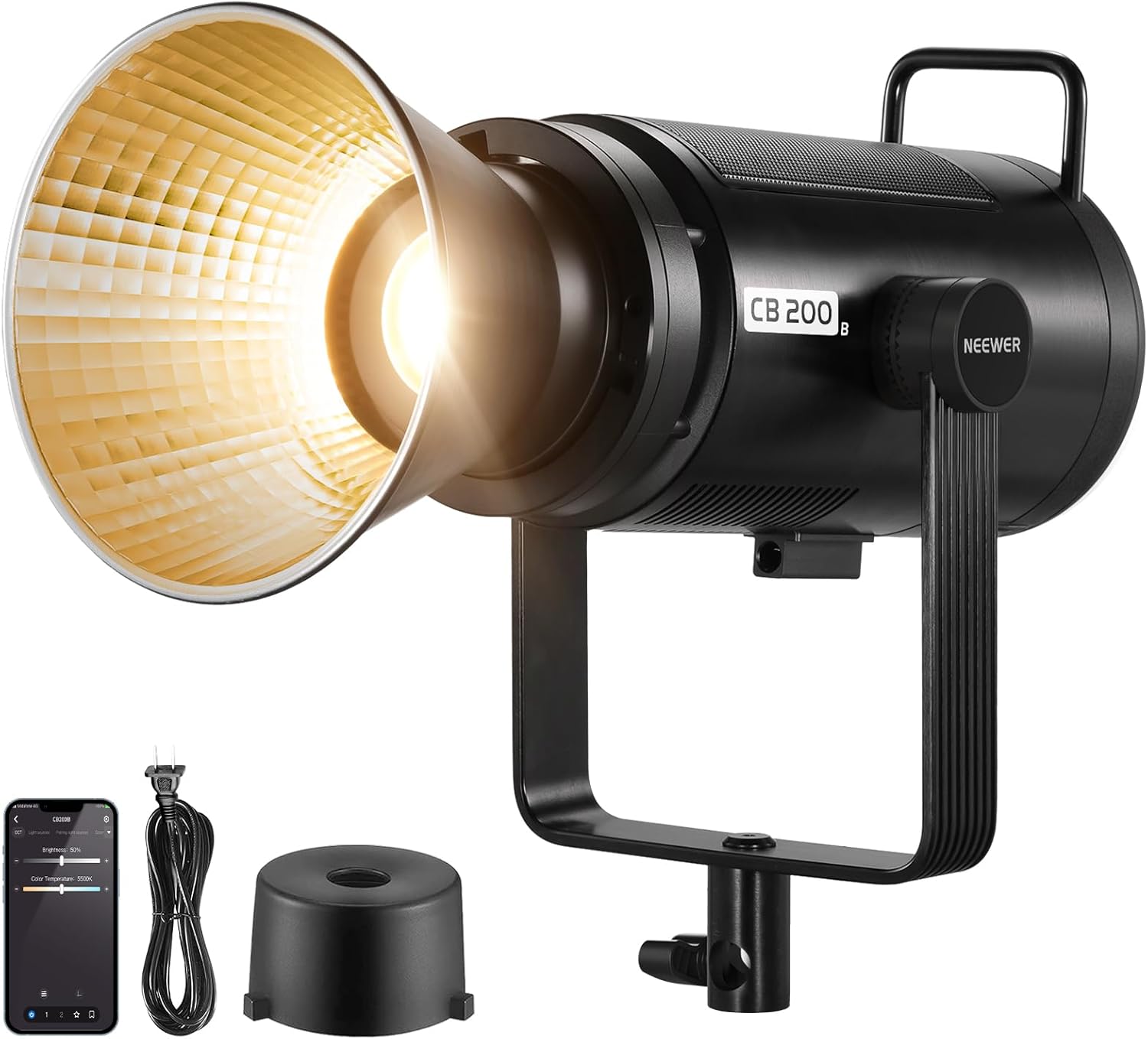 NEEWER CB200B 210W LED Video Light with 2.4G/APP Remote Control, All Metal Bi Color COB Continuous Output Lighting with Bowens Mount 90000Lux/1m 2700K-6500K CRI/TLCI97+ 12 Effects for Video Recording