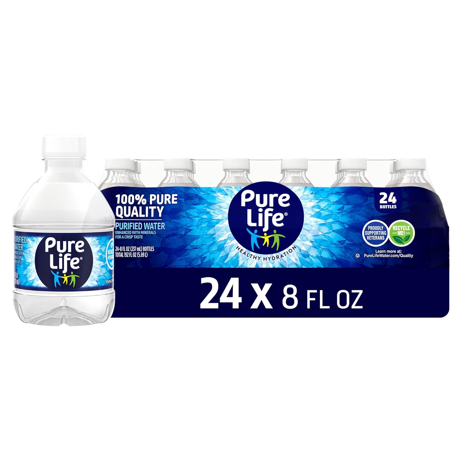 Pure Life Purified Water Bottles, 24 Pack - Still Bottled Water with Added Minerals for a Crisp Taste, Plastic Bottles - 8 Fl Oz