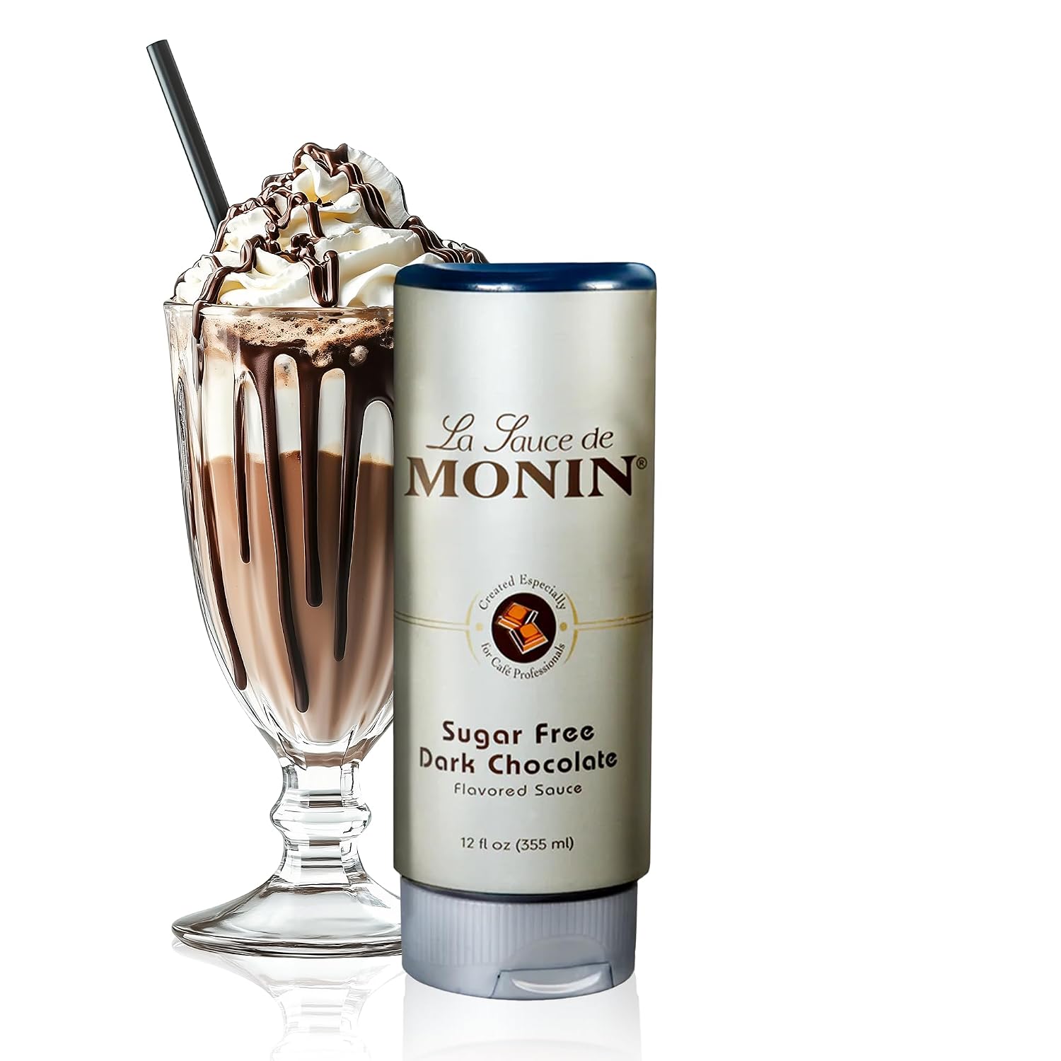 Monin Sugar Free Dark Chocolate Sauce - Non-GMO - 12 fl oz Squeeze Bottle | For Hot & Ice Coffee, Desserts & Drinks, Dark Chocolate Syrup Drizzle Topping, Zero Sugar & Low Calorie, Gluten Free, Kosher