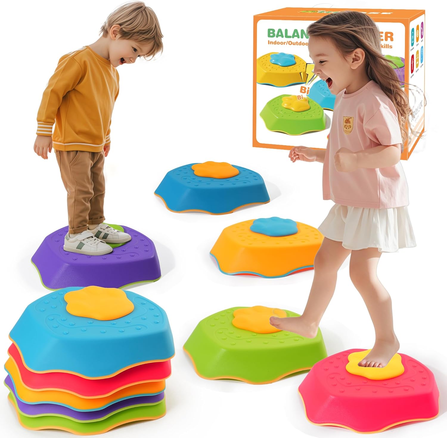 5-Pack Stepping Stones for Kids with Sound Effects - Balance & Coordination Toys for Toddlers Ages 3+, Indoor/Outdoor Play with Interactive Sensory Feedback