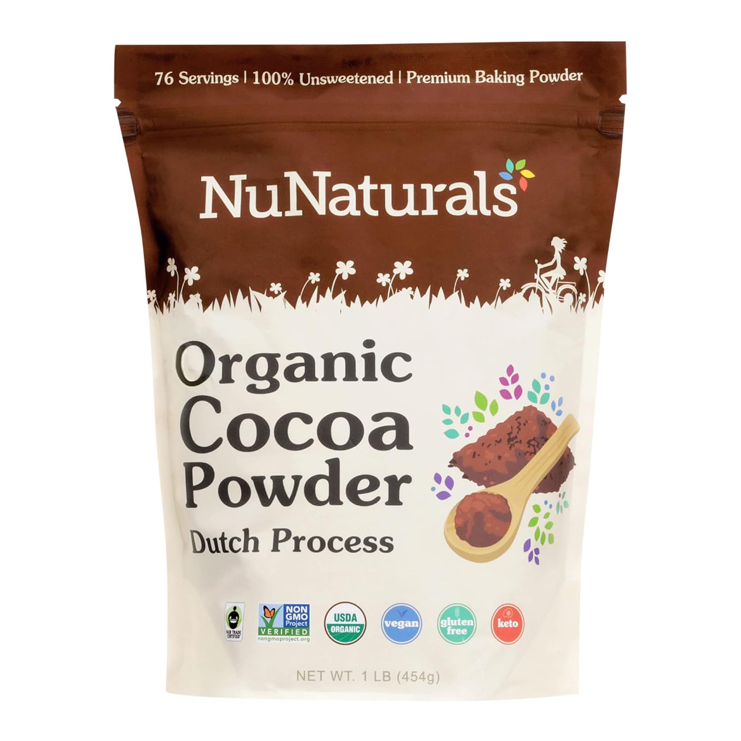 NuNaturals Unsweetened Organic Fair Trade Cocoa Powder, Premium Dutch-Process For Drinking and Baking, 1 lb