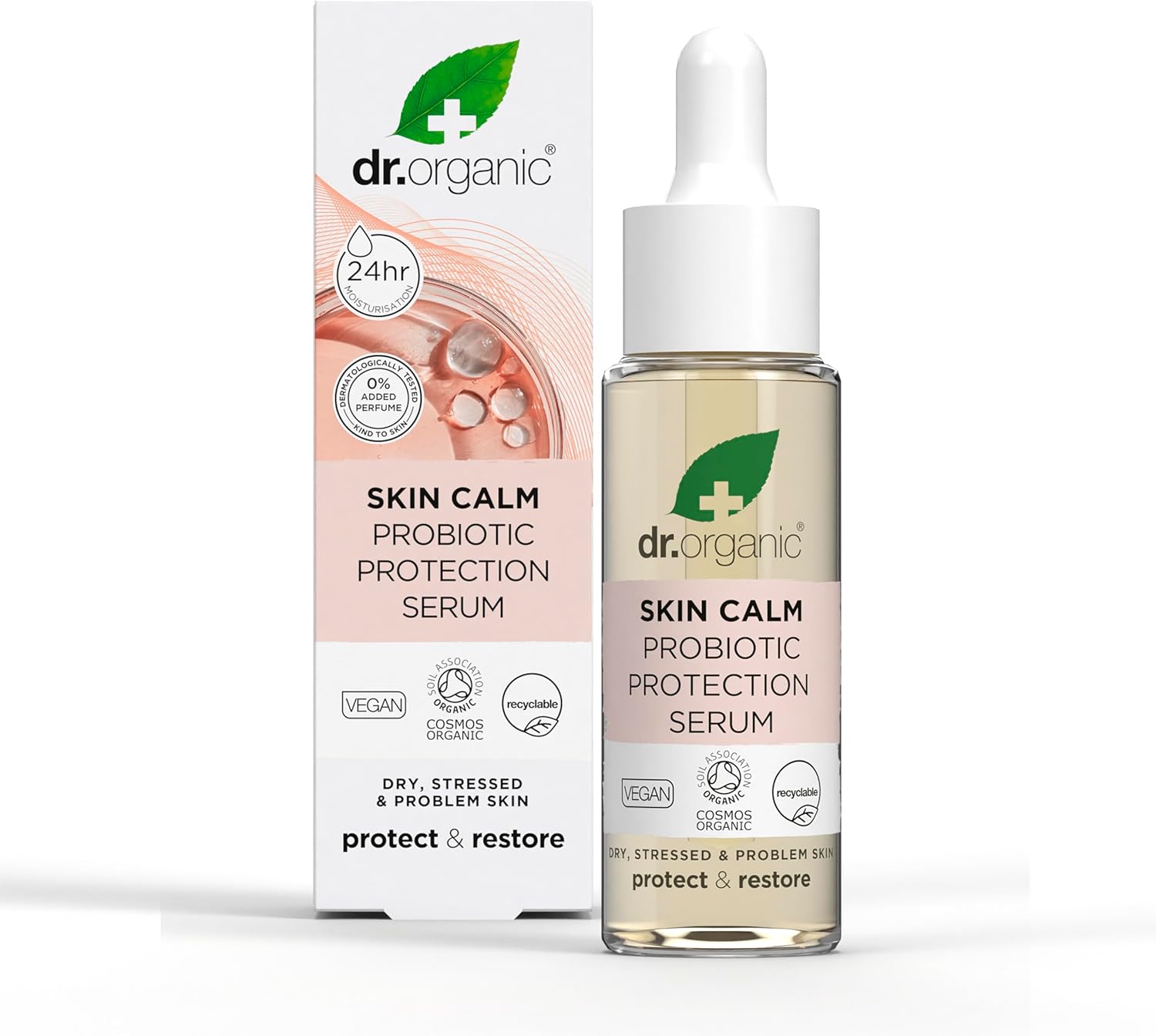 Dr Organic Skin Calm Probiotic Protection Serum, For Redness, Dry, Sensitive & Irritable Skin, 24hr Moisture, Dermatologically Tested, Vegan, Cruelty Free, Paraben & SLS Free, Certified Organic,30ml