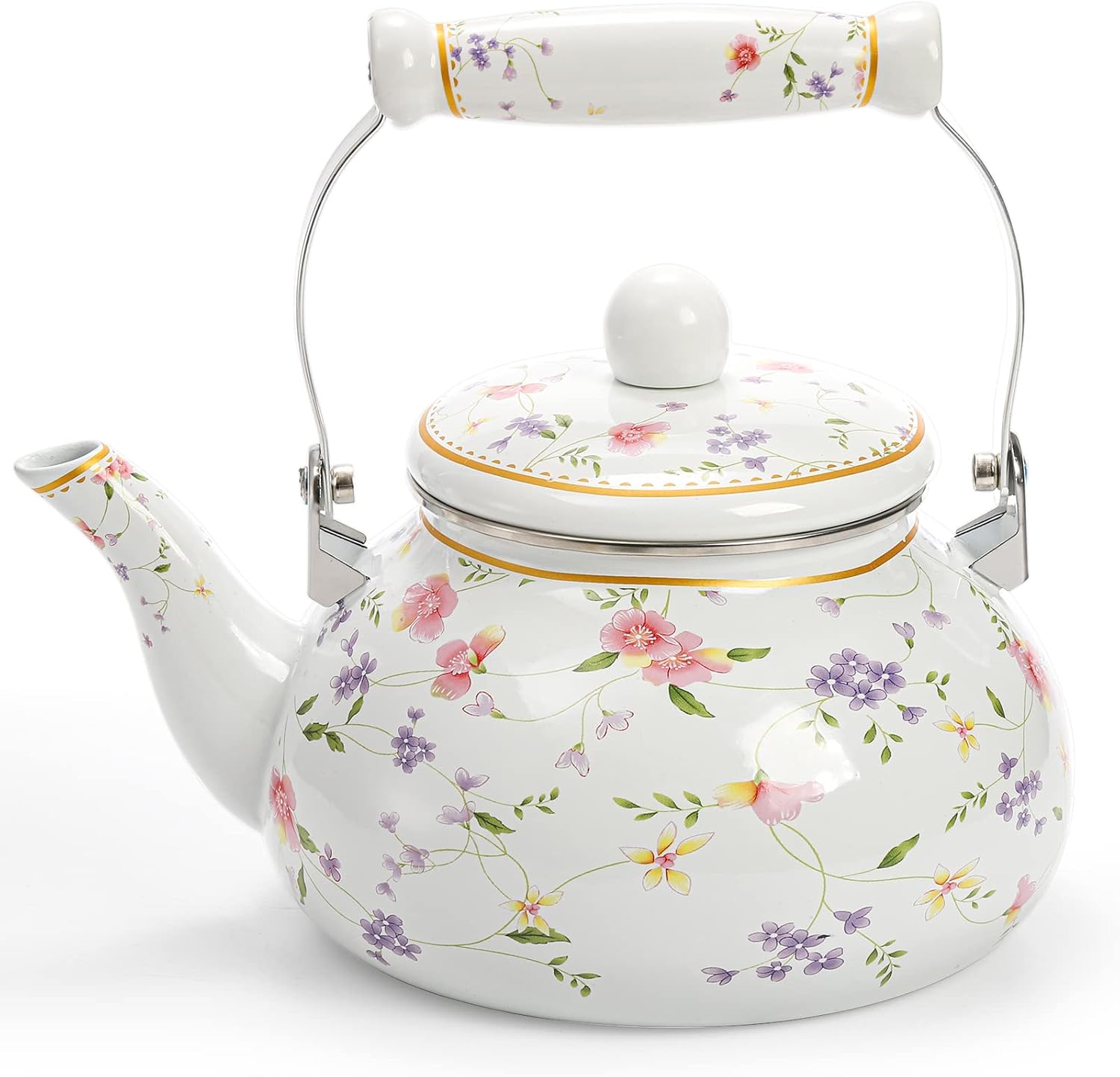 Jucoan Vintage Enamel Tea Kettle, 2.6 Quart Floral Enamel Water Kettle Teapot with Porcelain Handle for Stovetop Home Kitchen Camping, Housewarming Wedding Bridal Shower Gift