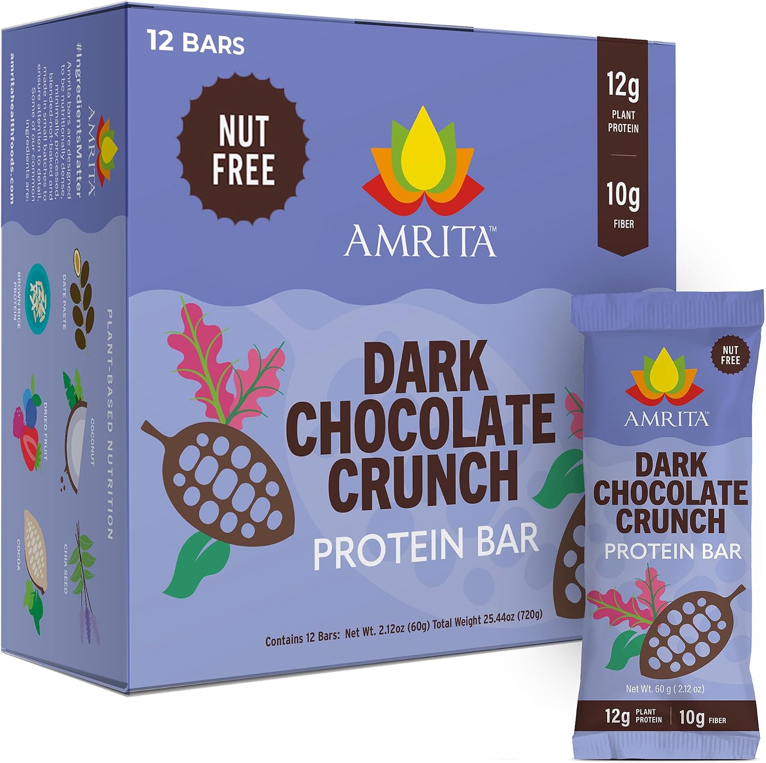 Amrita Nut Free Vegan Protein Bars 12 Pack, 12g Plant Based, Gluten Free