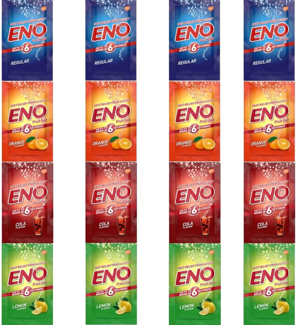 Eno Fruit Salt Antacid- 5g Sachets- Variety Pack - Regular x 4, Lemon x 4, Orange x 4, Cola x 4 = Total 16 sachets | Effervescent Relief from Flatulence and Indigestion Issues | Quick & Effective