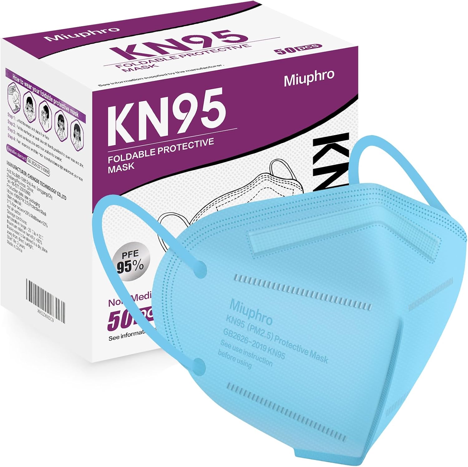 Miuphro KN95 Face Mask 50 Pack, Disposable Respirator Masks, 5 Layer Design Safety Mask for Protection, Ideal for Men and Women (Blue)