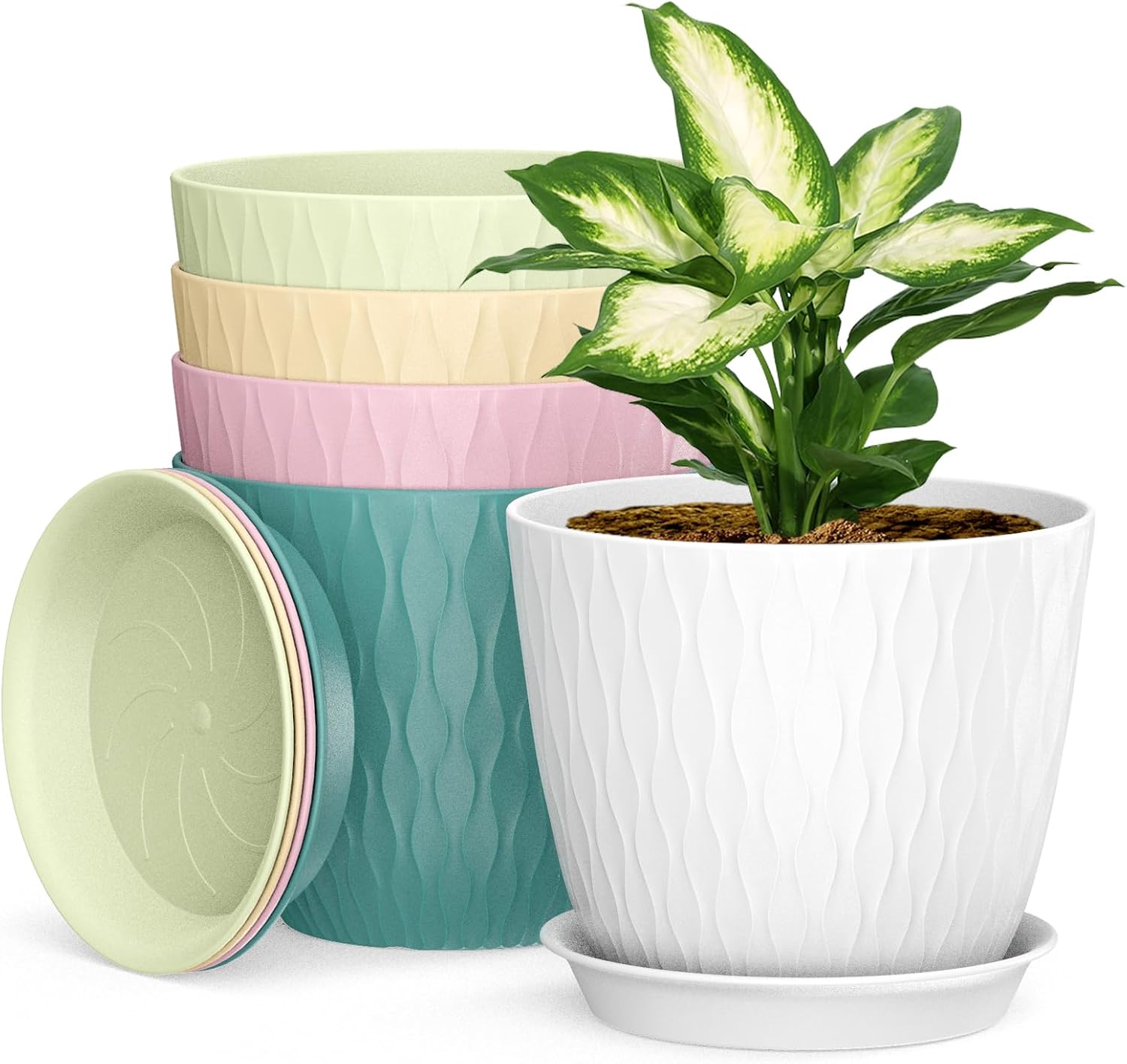 17cm Plant Pots Indoor, 5 Pack Plastic Planters with Drainage Holes and Saucer, Decorative Stripe Grooves Flower Pots for Indoor Outdoor Houseplants（Multicolor）