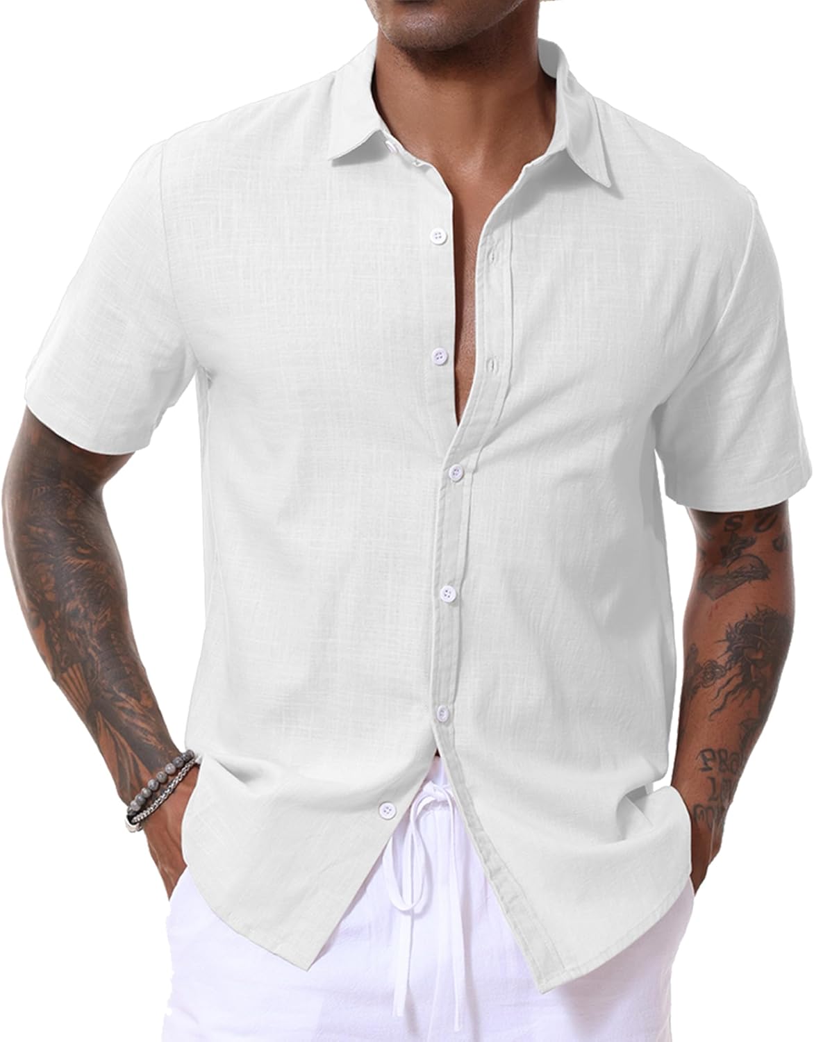 LVCBL Men's Linen Shirts Short Sleeve Casual Cotton Button Down Shirt Summer Beach Tops Regular Fit