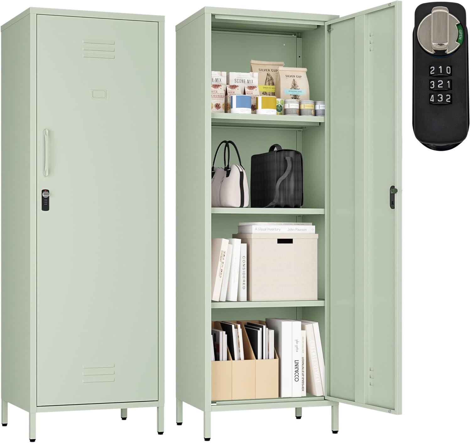 Metal Storage Cabinet, Steel File Locker with 3 Shelves 59.06-inch high for School, Living Room, Bedroom, Office (Green, H59.06'')