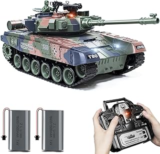 1:18 RC Tank, 2.4Ghz RUS T-90 Remote Control Tank Model Toys, Battle Army Tank 15 Channel with Smoke, Light Sound, Volume Switch, Military Toy for Adults and Kids That Shoots BBS, Water Bombs