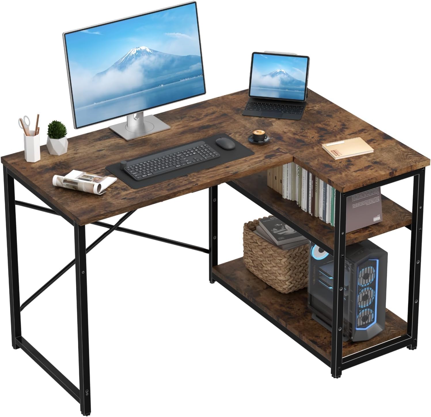 100 * 80cm L Shaped Computer Desk with Reversible Large Storage Shelves, Corner Desk Computer Workstation Matching Under Desk Height Adjustable Storage, Home Office Work Table Brown