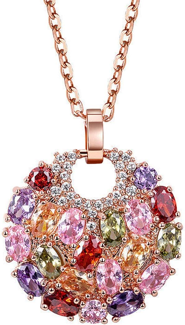 Mecool Flower Pendant Necklace With Cubic Zirconia - Multi-Stone Round Disc Pendant for Women