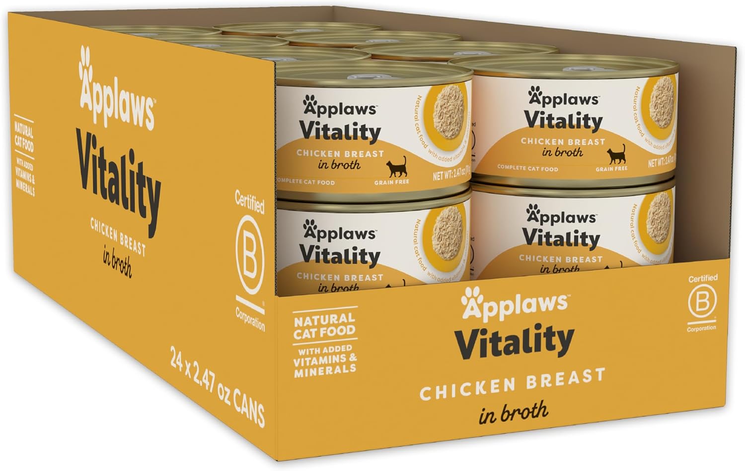 Applaws Vitality Wet Cat FoodChicken Breast in Broth, Cat Food with Added Vitamins & Minerals, Grain-Free, Carrageenan Free, (24 Count, 2.47 oz Cans)